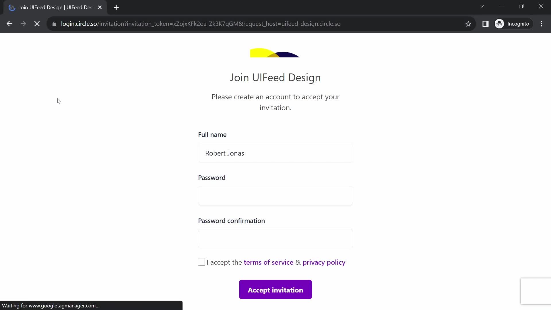 Screenshot of Sign up on Accepting an invite on Circle user flow