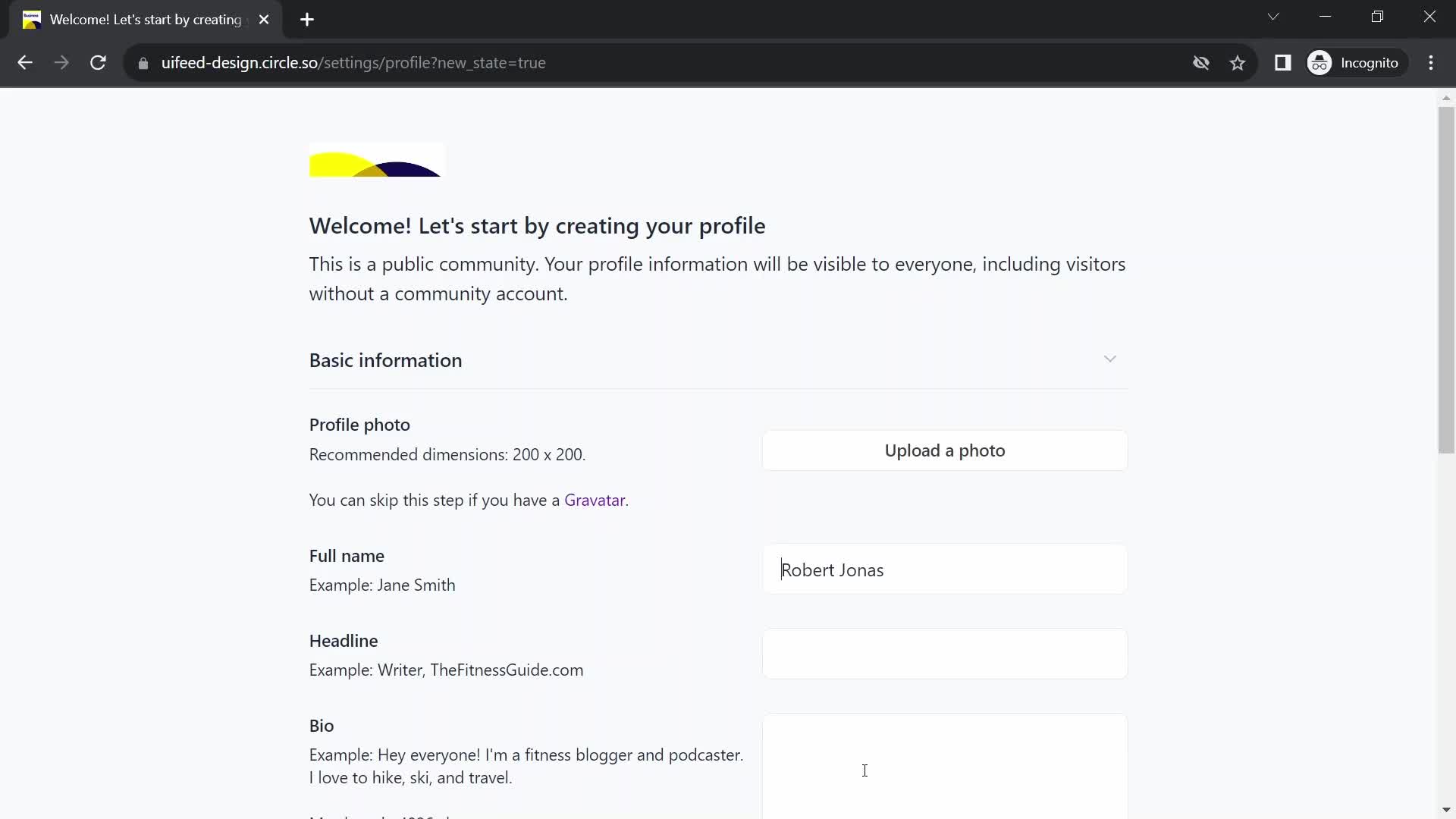 Screenshot of Create profile on Accepting an invite on Circle user flow