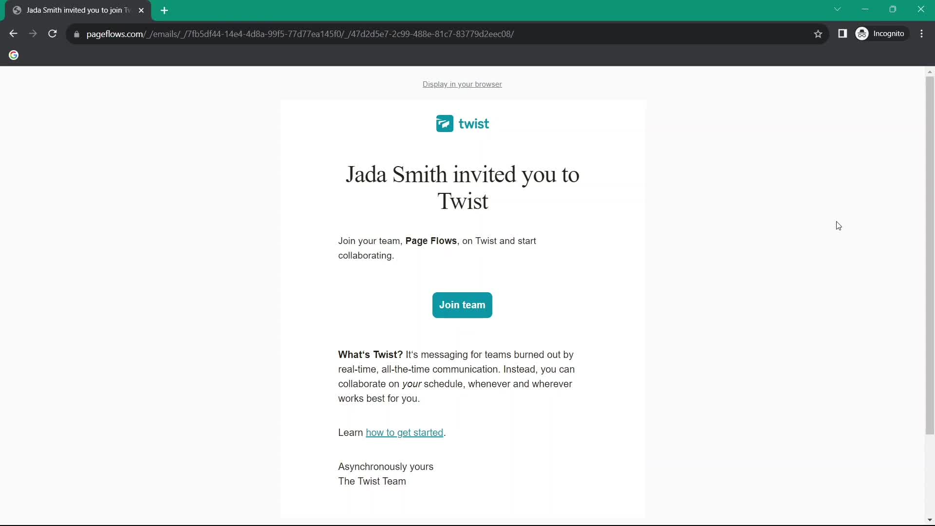 Screenshot of Invite email on Accepting an invite on Twist user flow