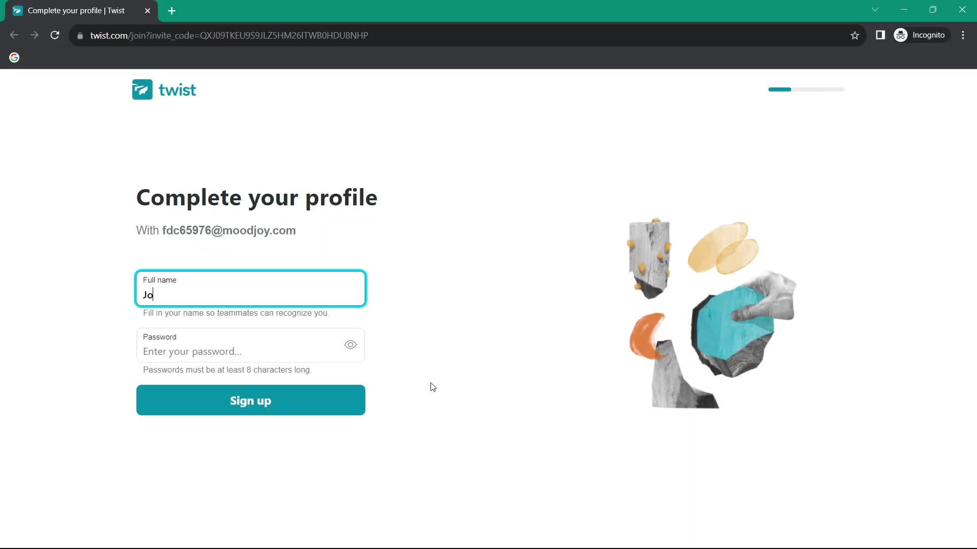 Screenshot of Complete profile on Accepting an invite on Twist user flow