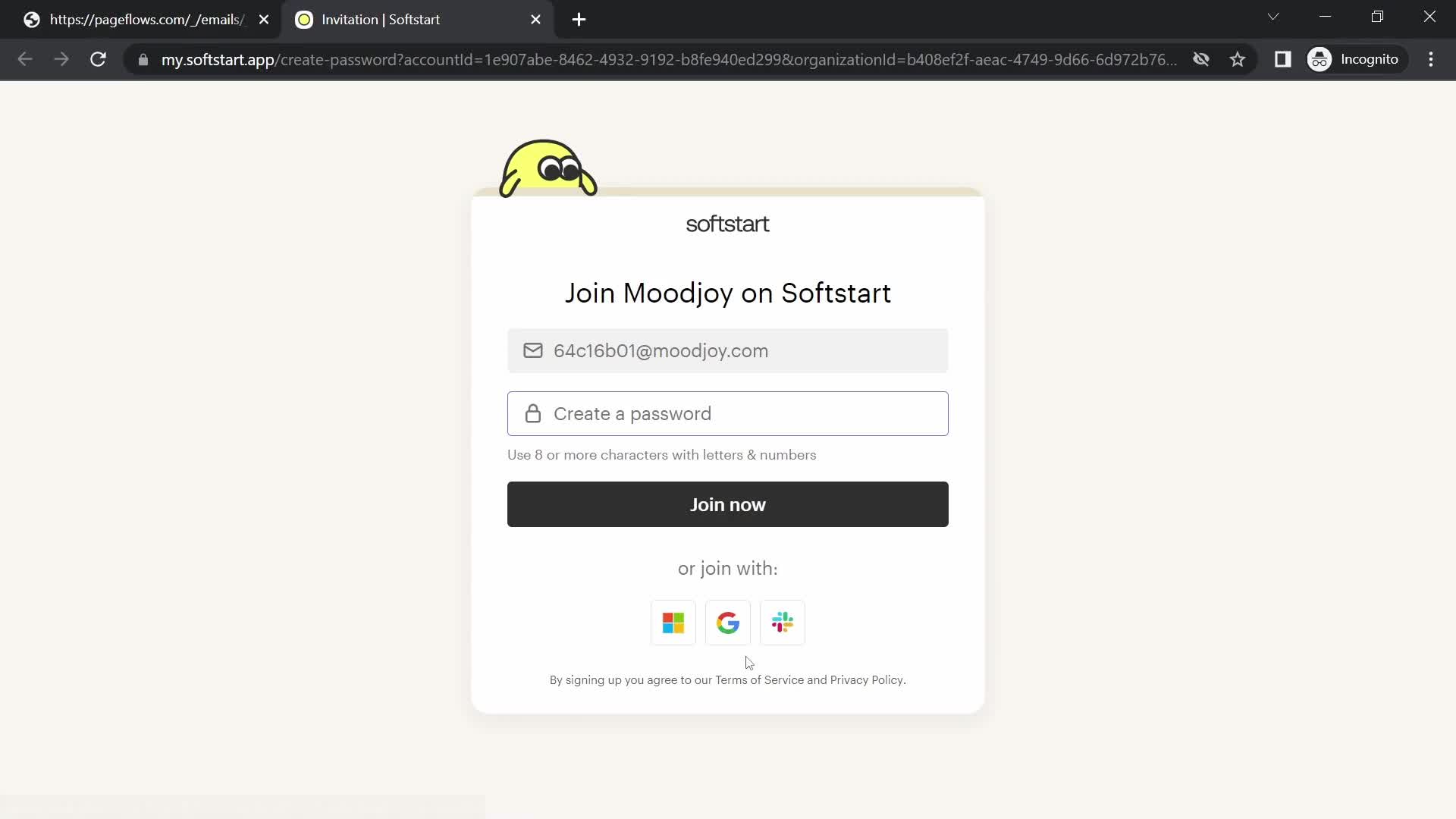 Screenshot of Sign up on Accepting an invite on Softstart user flow