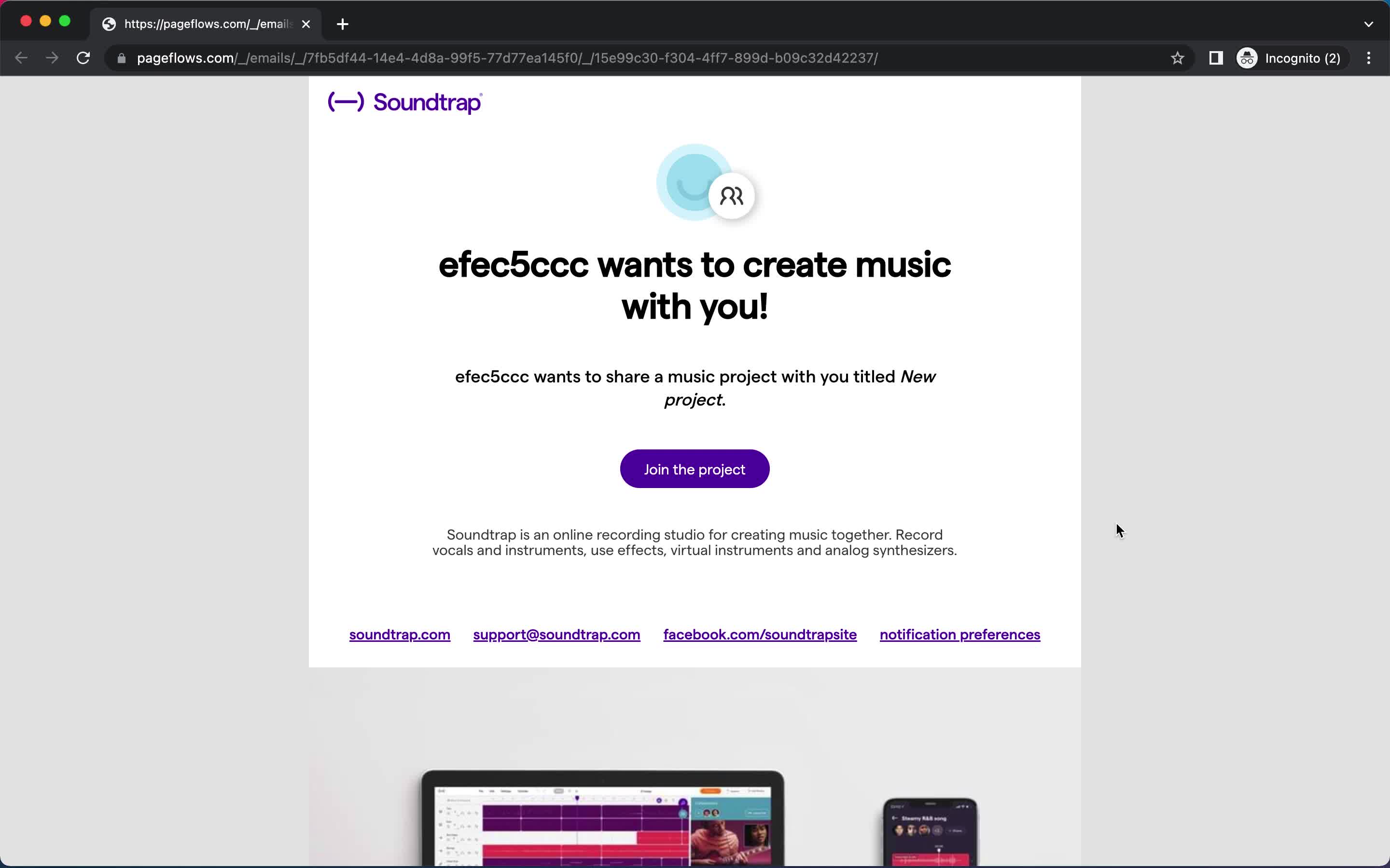 Screenshot of Invite email on Accepting an invite on Soundtrap user flow
