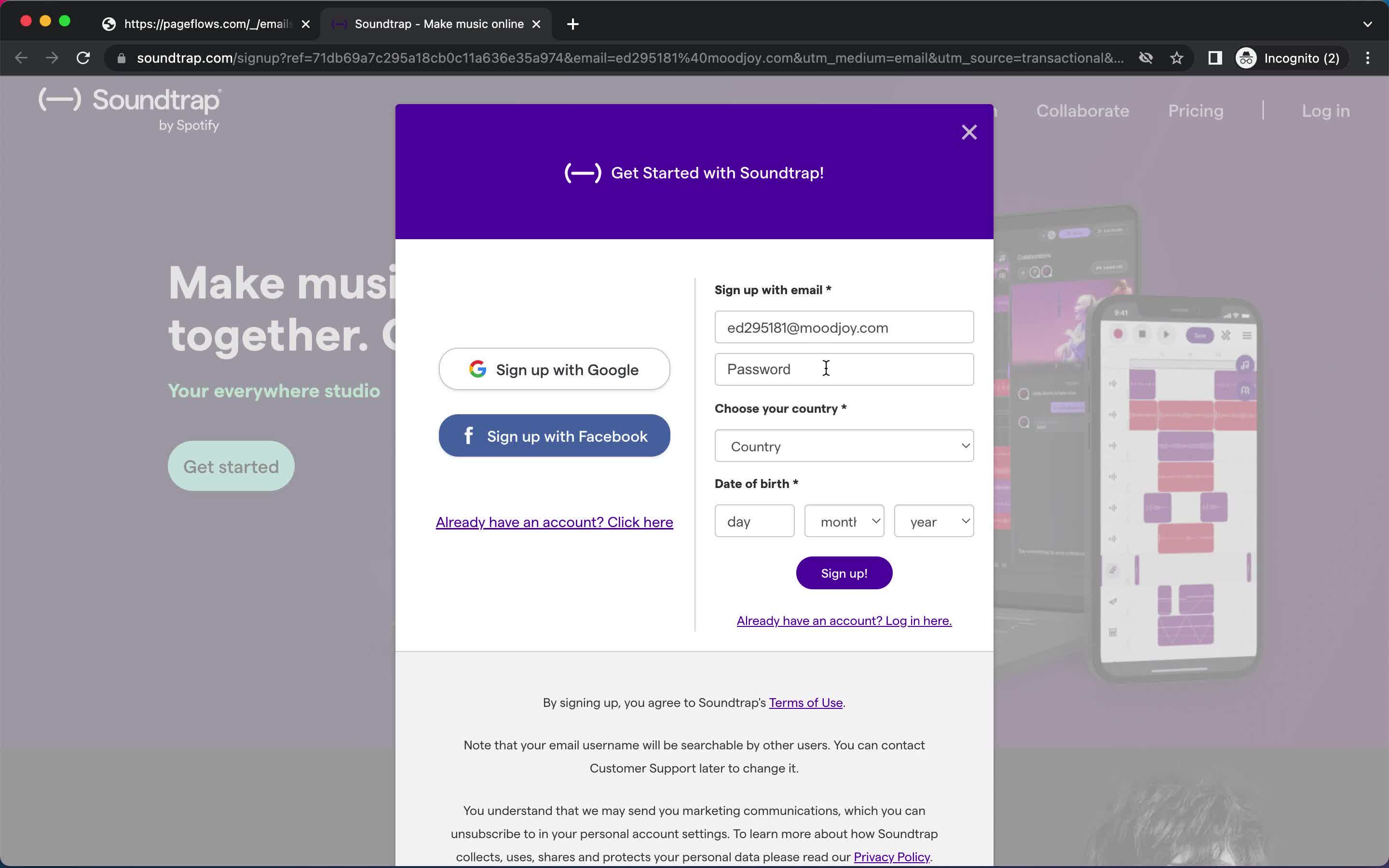 Screenshot of Sign up with email on Accepting an invite on Soundtrap user flow