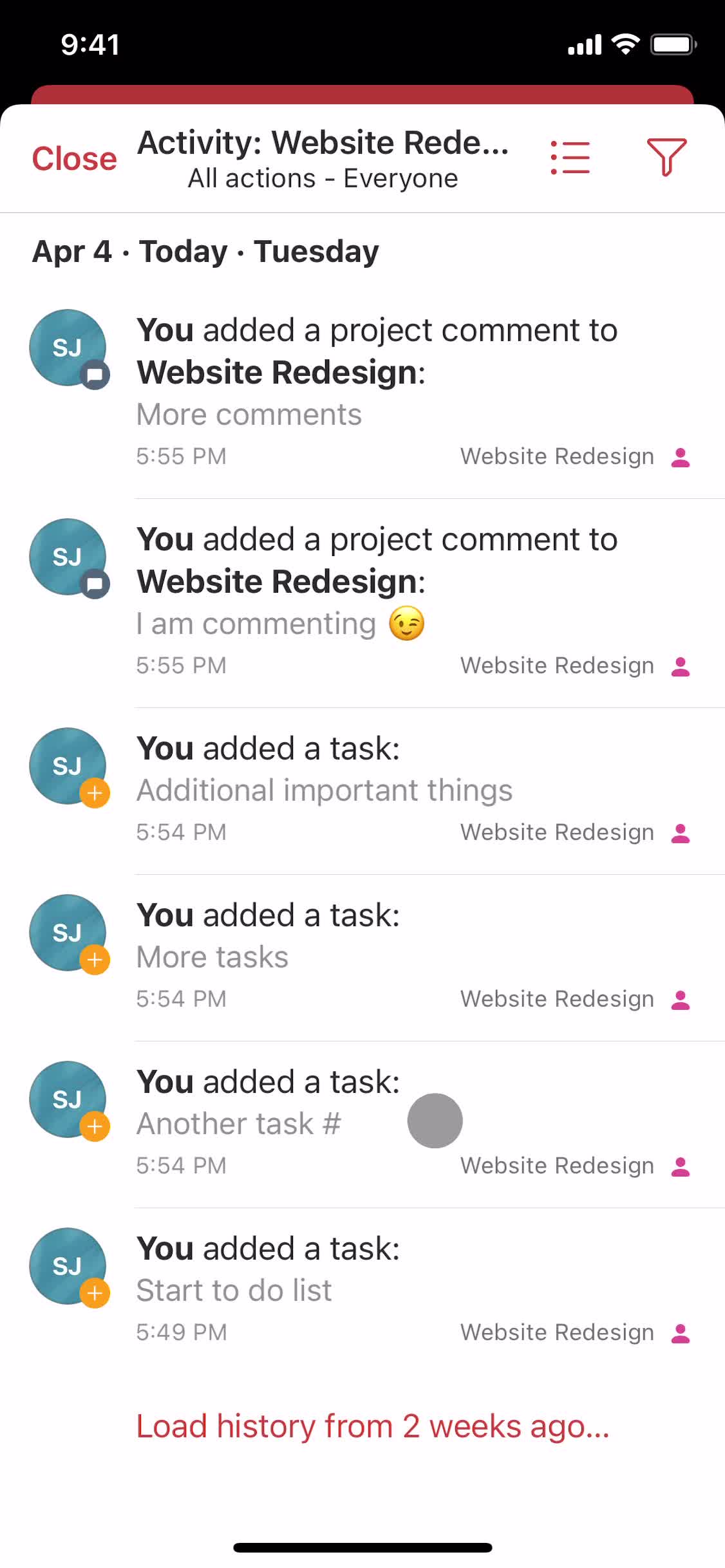 Activity feed screenshot