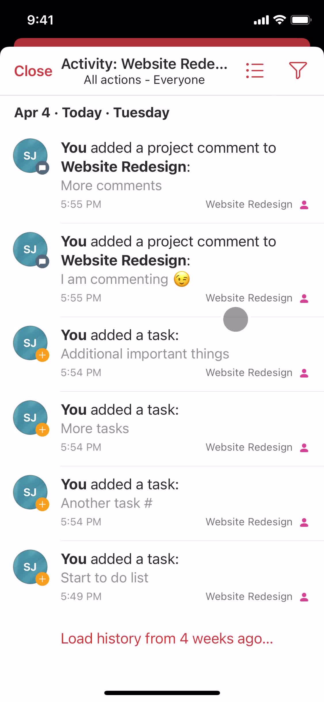 Activity feed screenshot