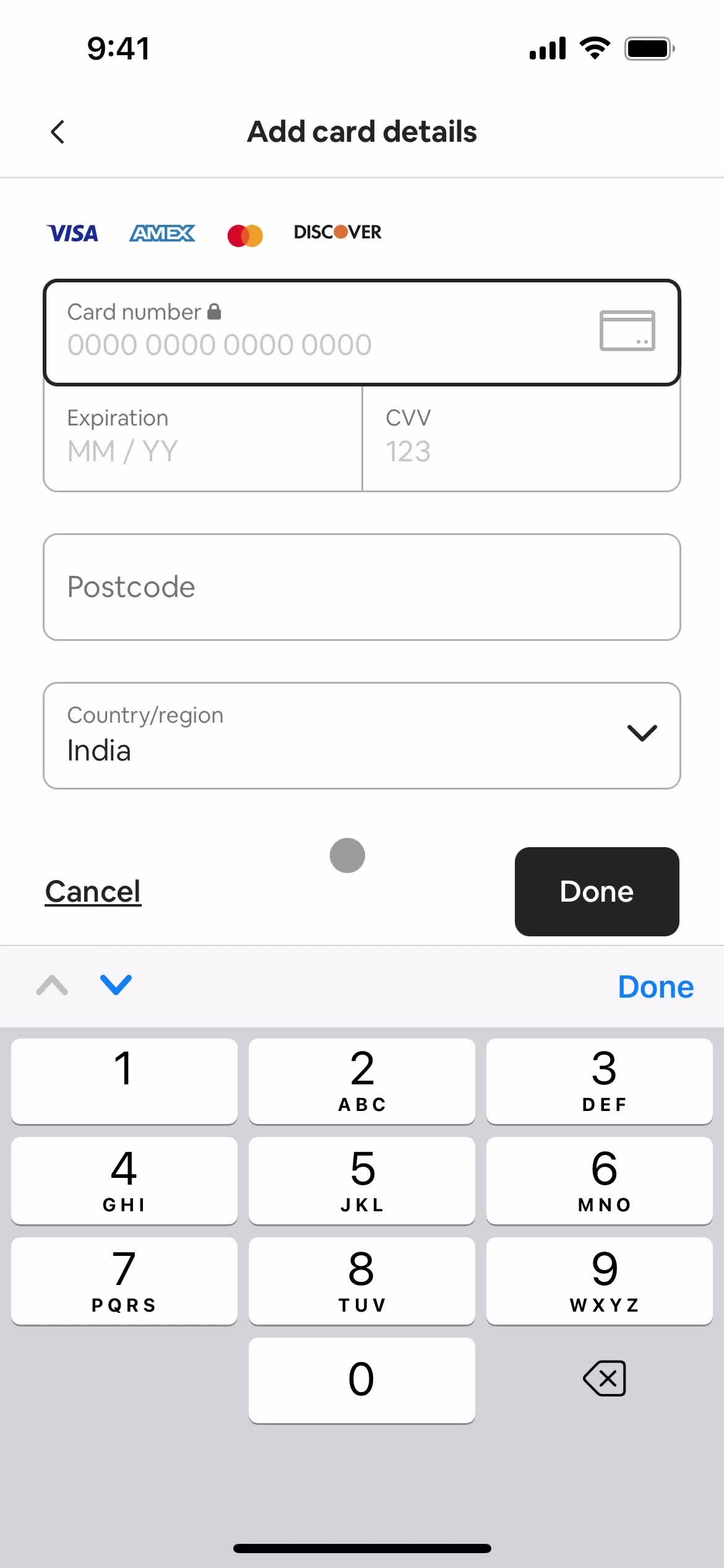 Adding payment details screenshot