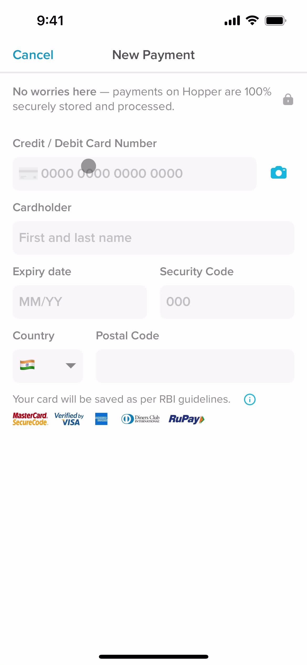 Adding payment details screenshot