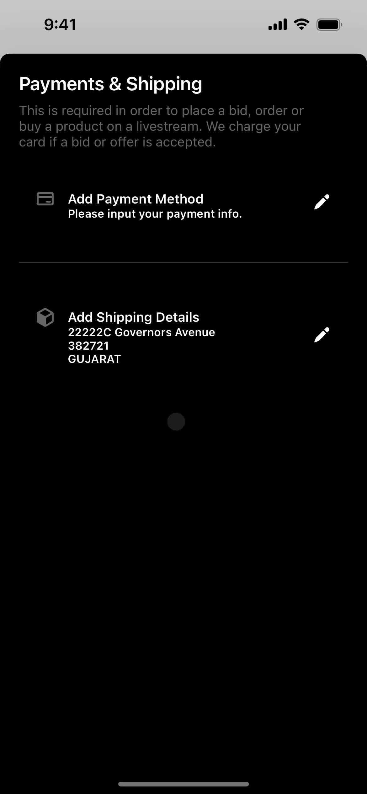 Adding payment details screenshot