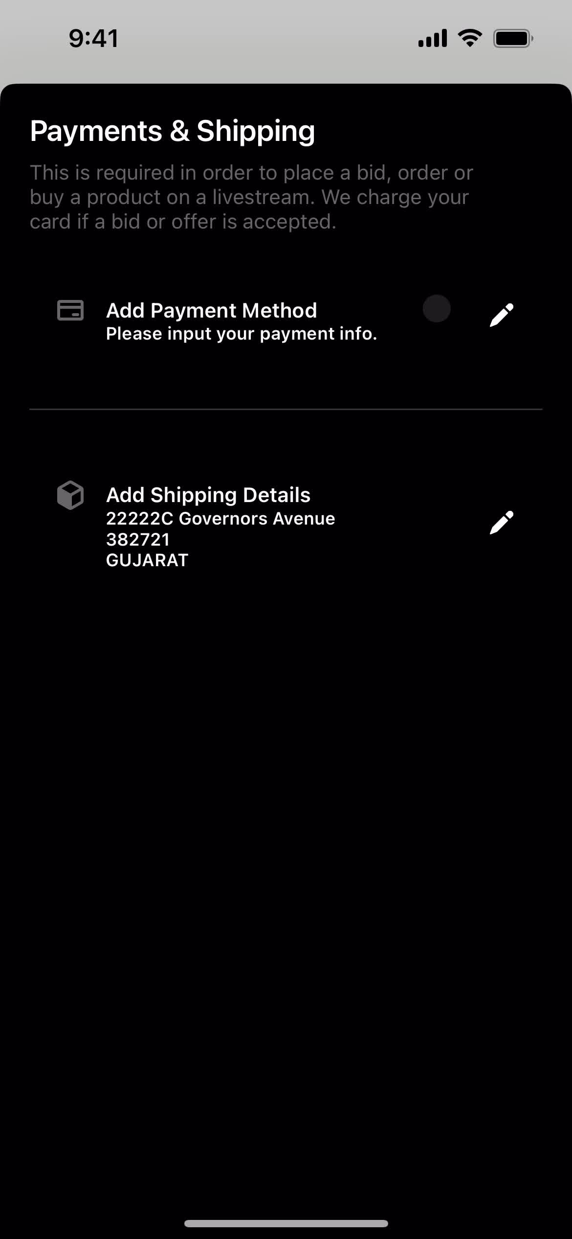 Adding payment details screenshot