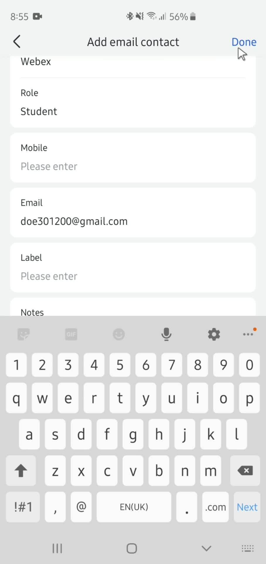 Adding email contact screenshot