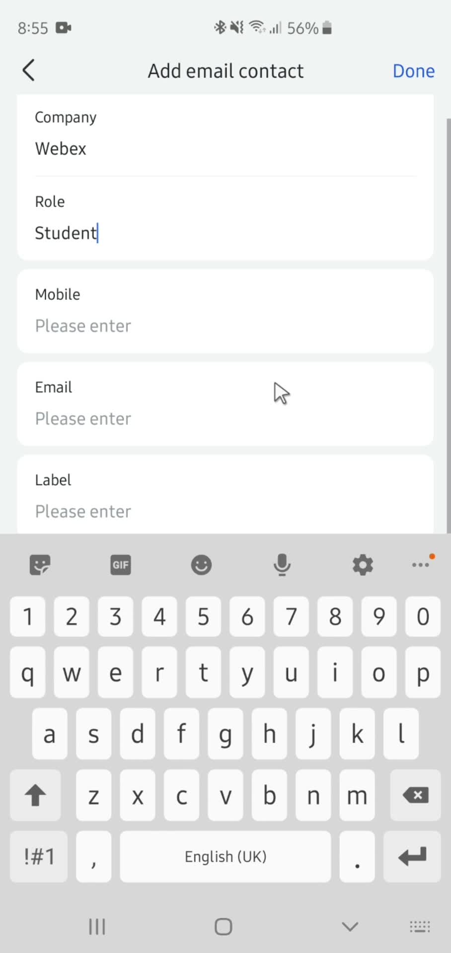 Adding email contact screenshot