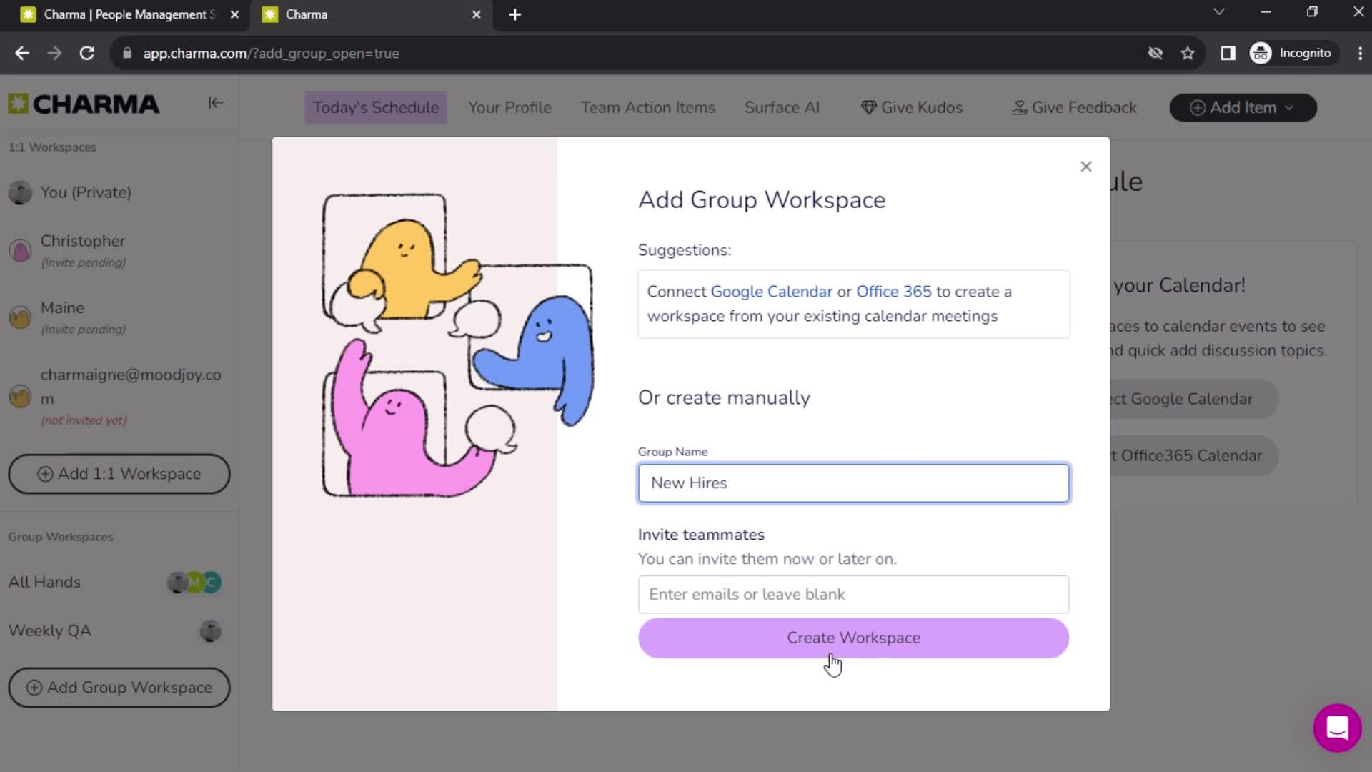 Adding group workspace screenshot