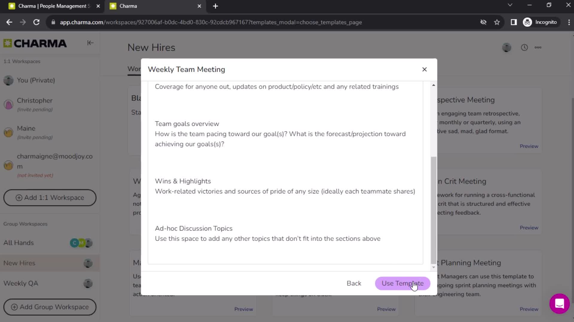 Adding group workspace on Charma video thumbnail