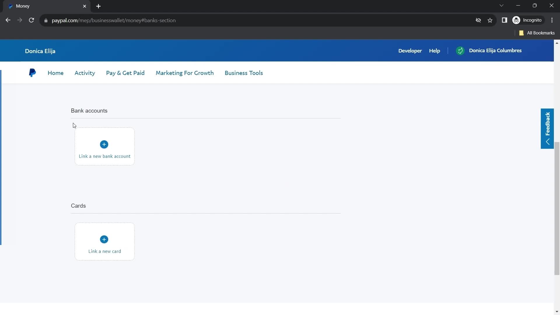 Screenshot of Bank accounts on Adding payment details on PayPal user flow