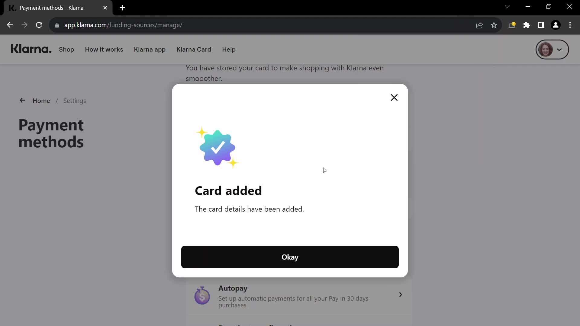 Adding payment details on Klarna video thumbnail