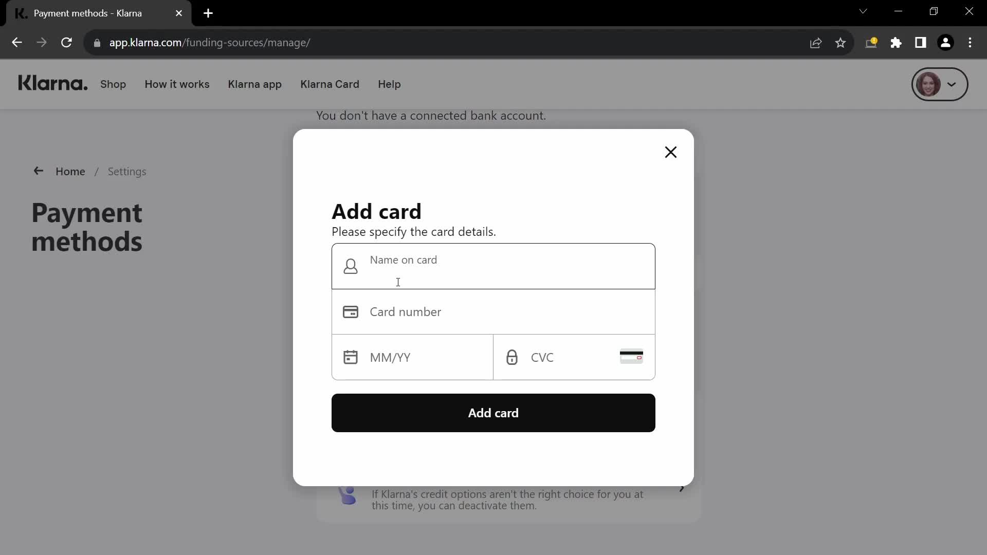 Adding payment details screenshot