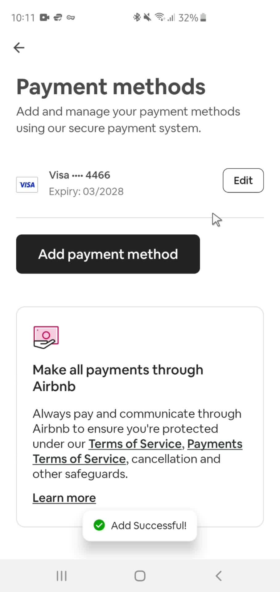 Adding payment details screenshot