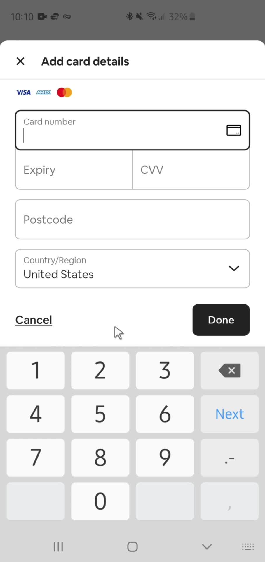 Adding payment details screenshot