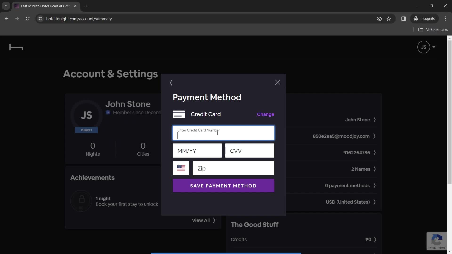 Adding payment details screenshot