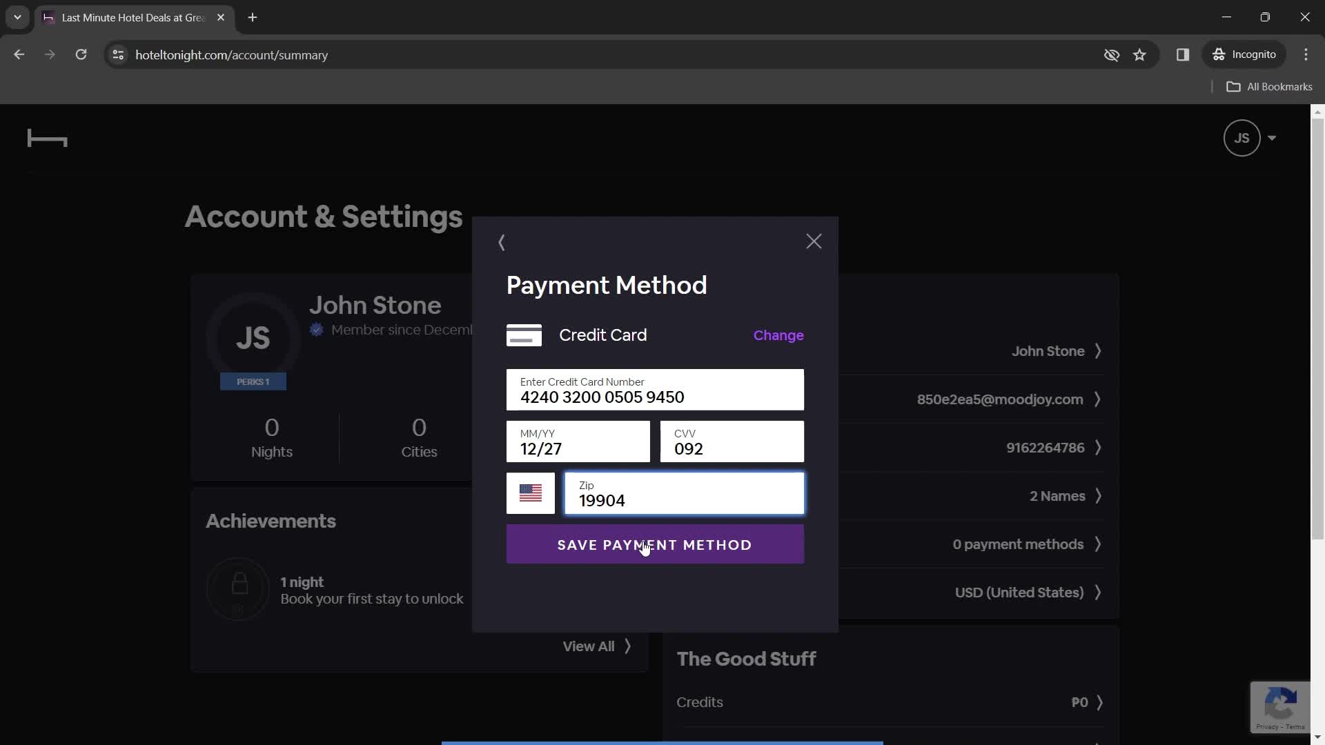 Adding payment details screenshot