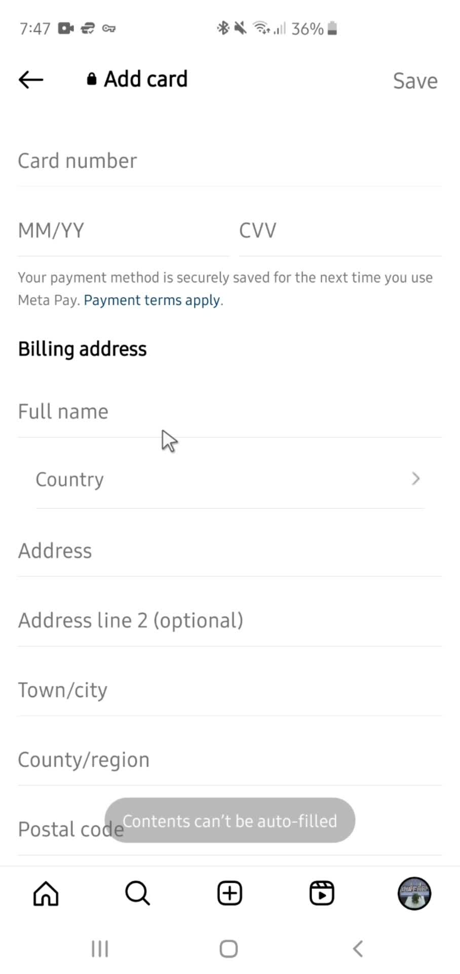 Adding payment details screenshot