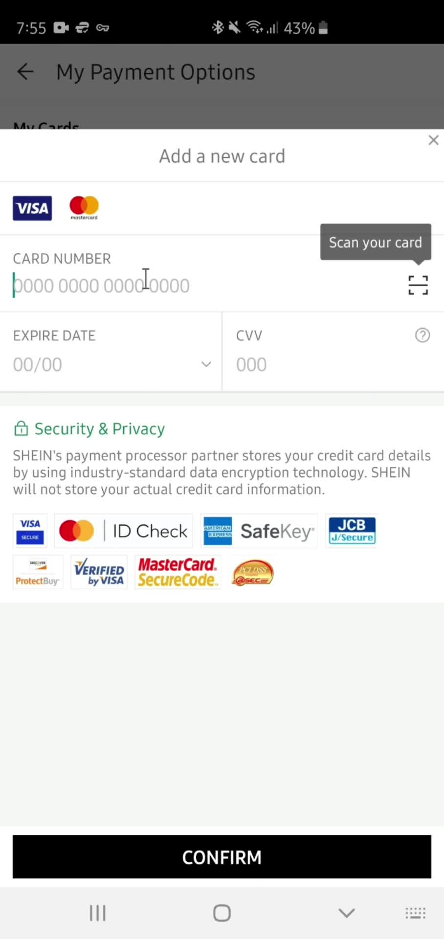 Adding payment details on Shein video thumbnail