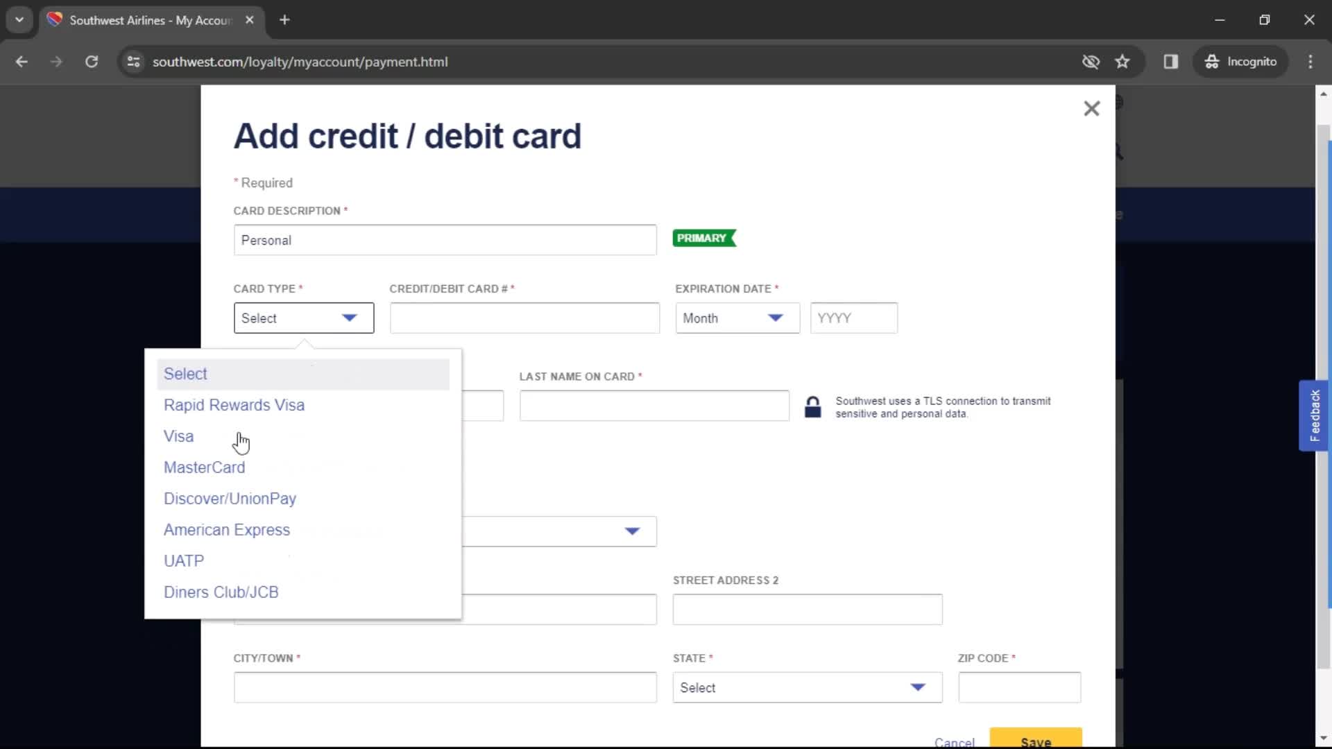 Adding payment details screenshot