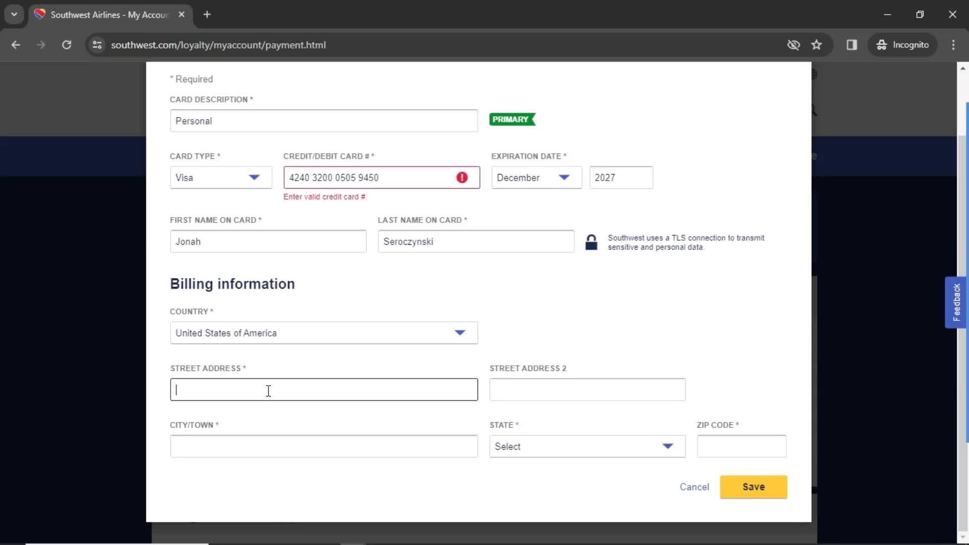 Adding payment details screenshot