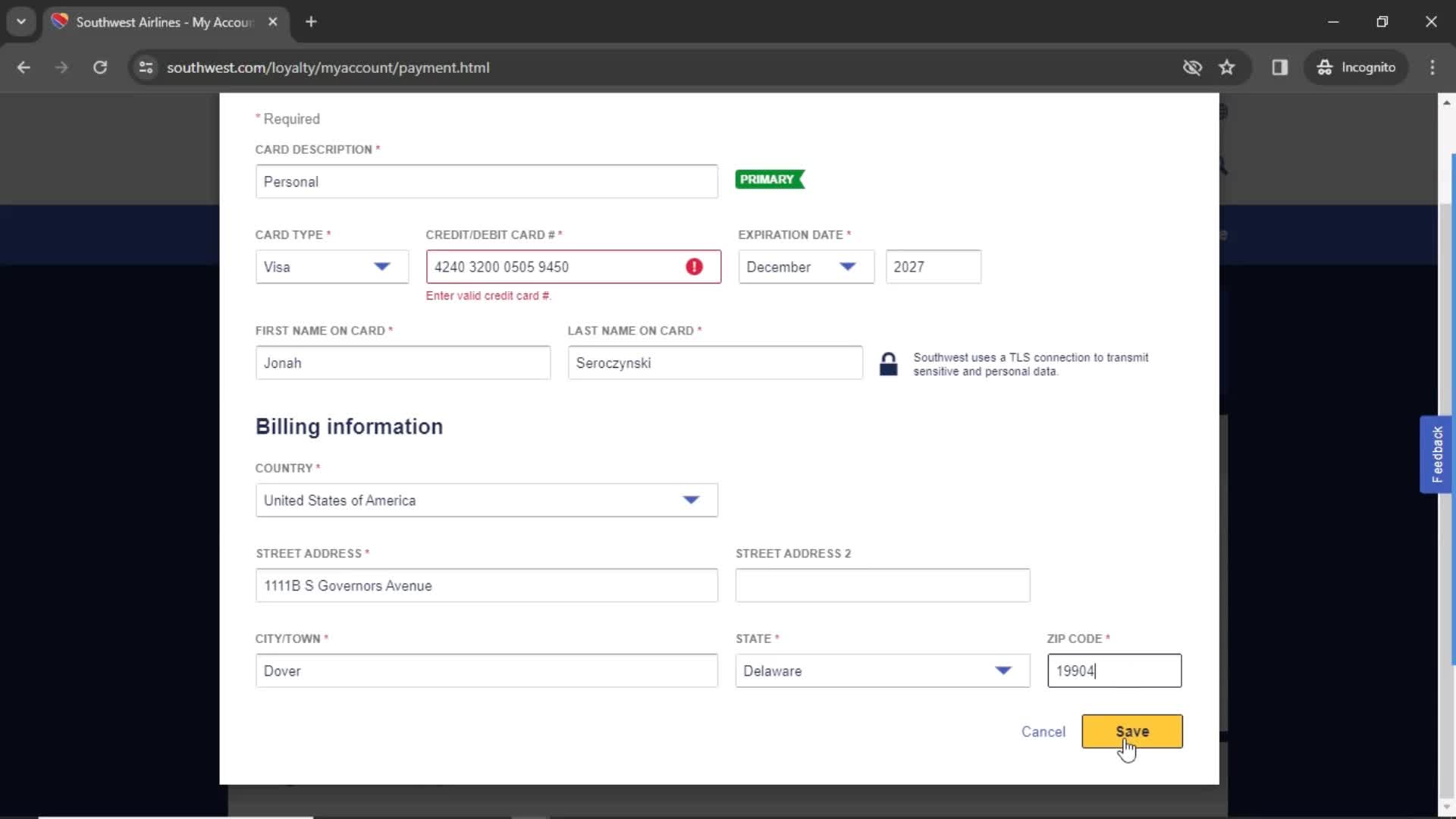 Adding payment details screenshot