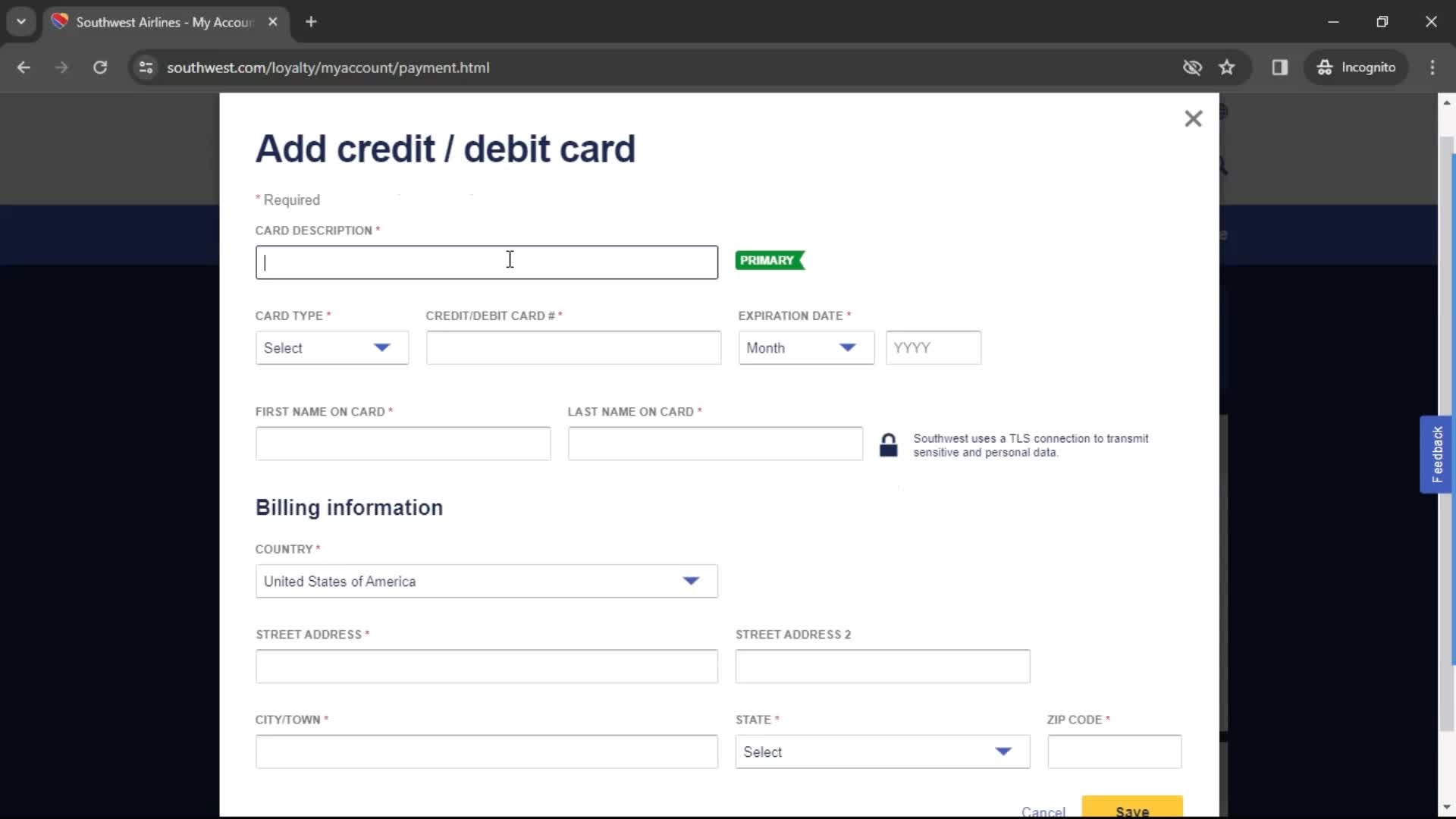 Adding payment details screenshot