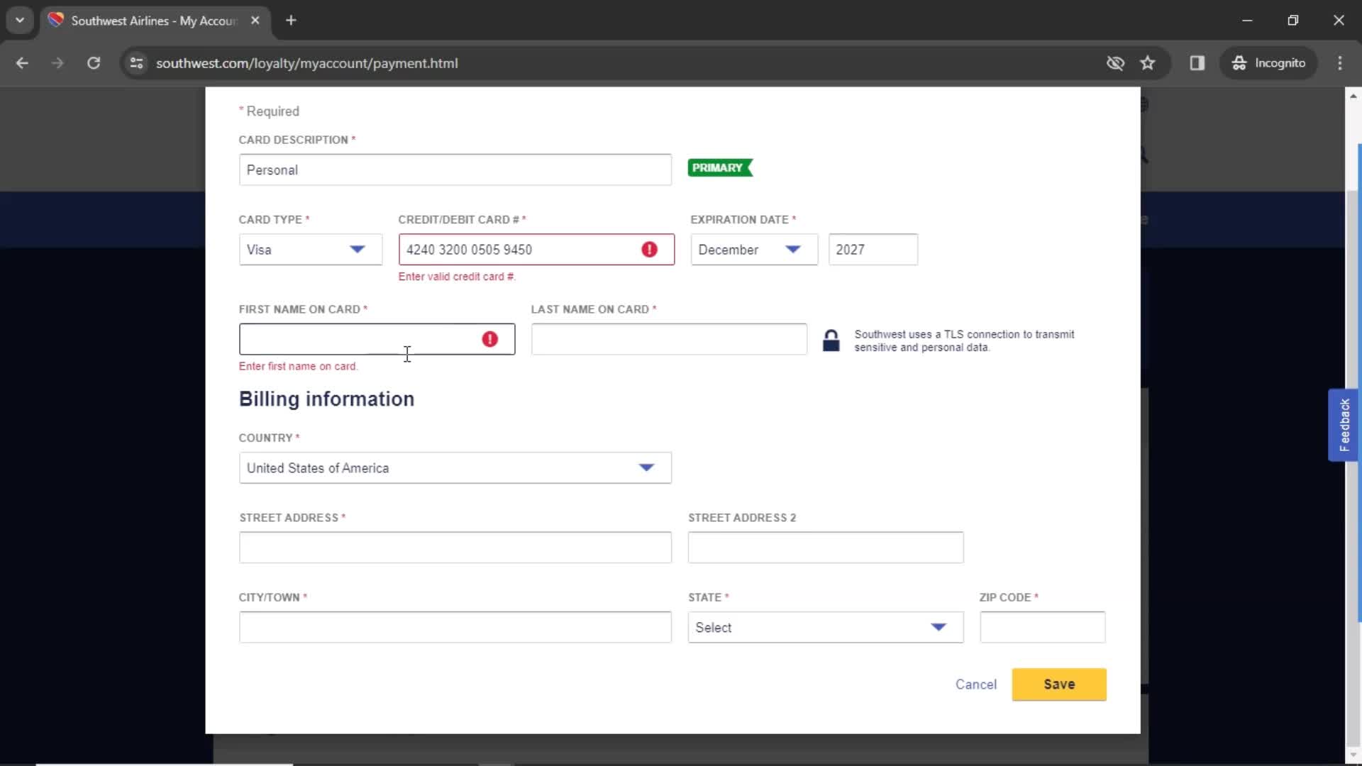 Adding payment details screenshot