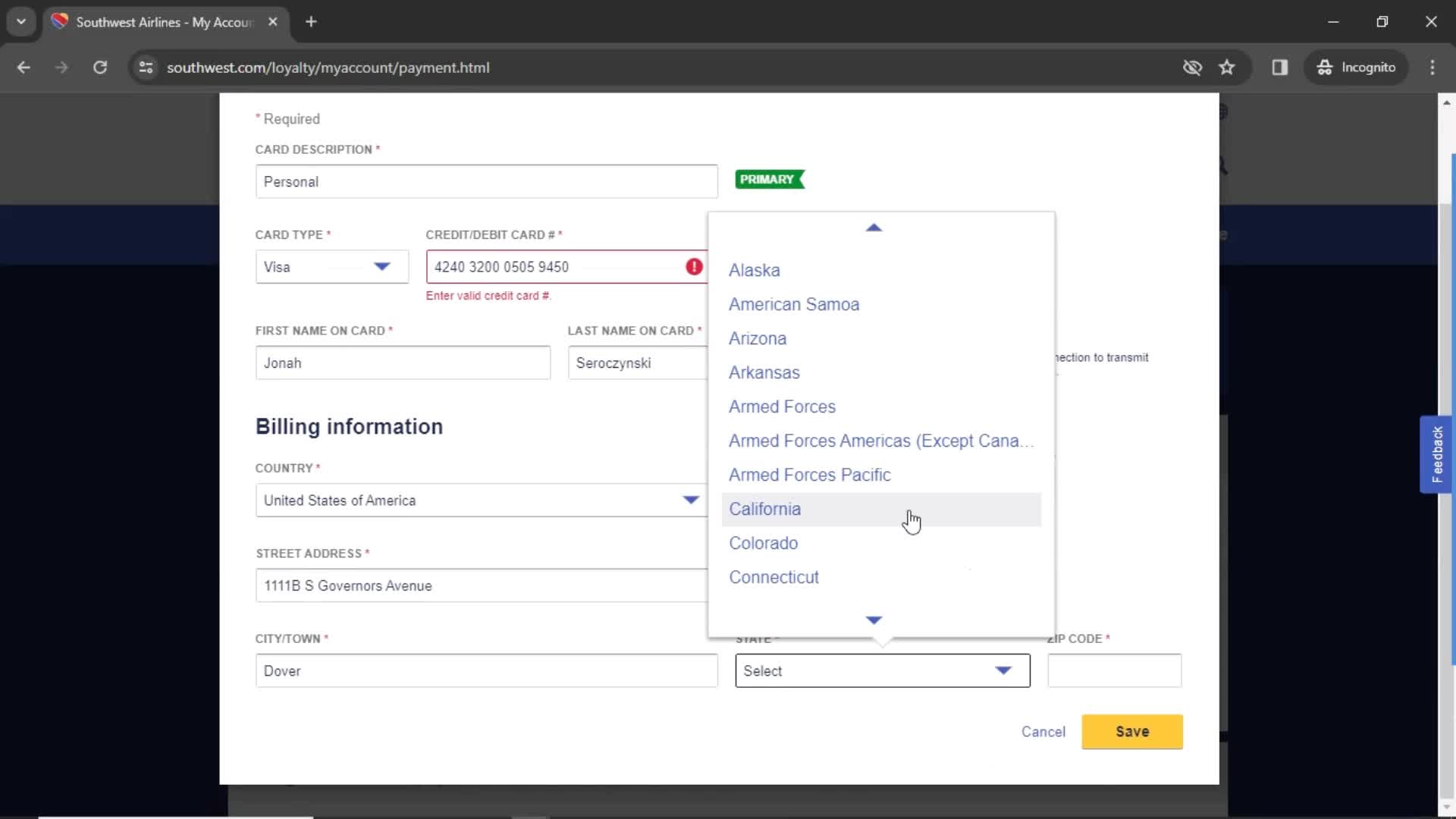 Adding payment details screenshot