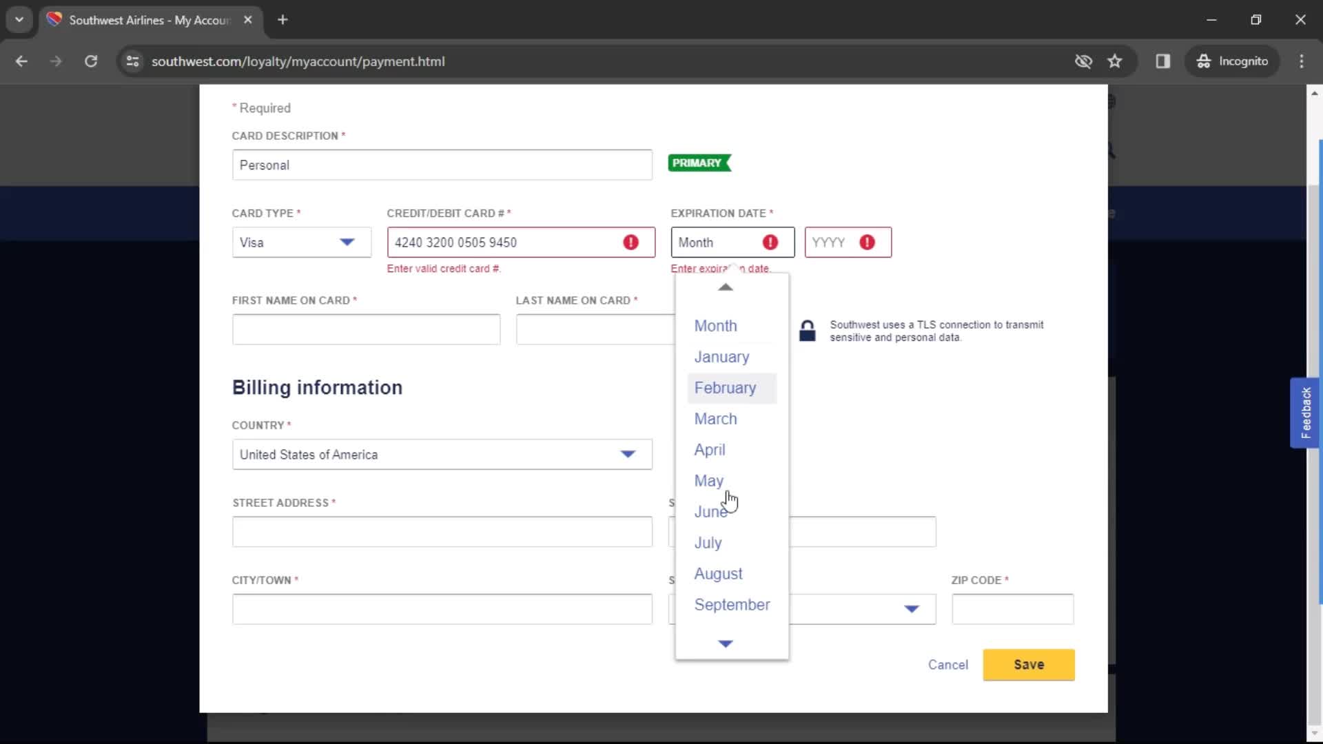 Adding payment details screenshot