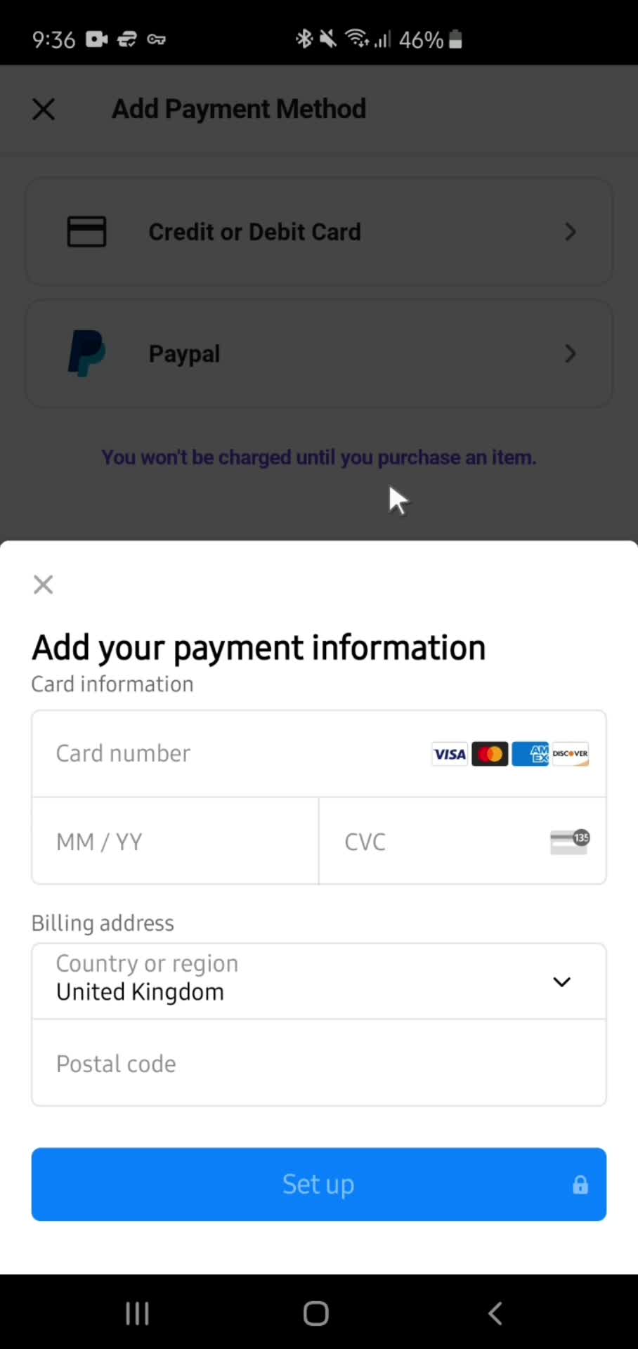 Adding payment details screenshot