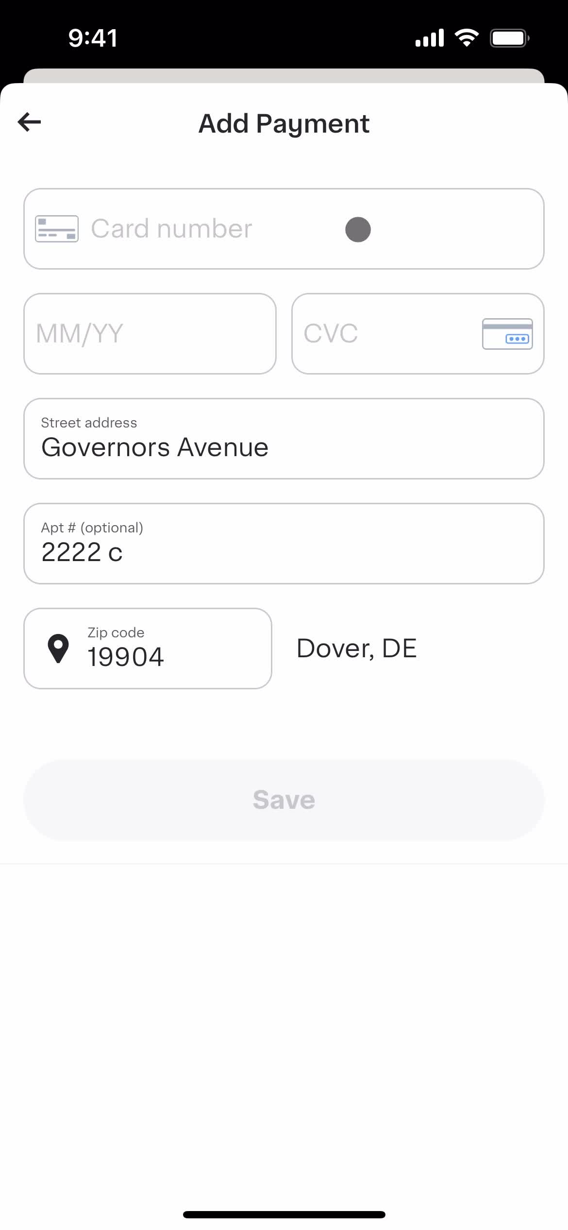 Adding payment details screenshot