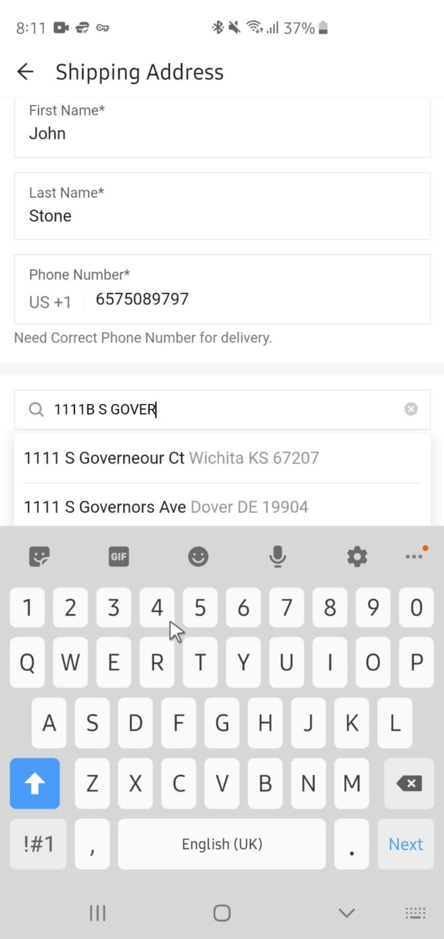 Adding shipping address screenshot