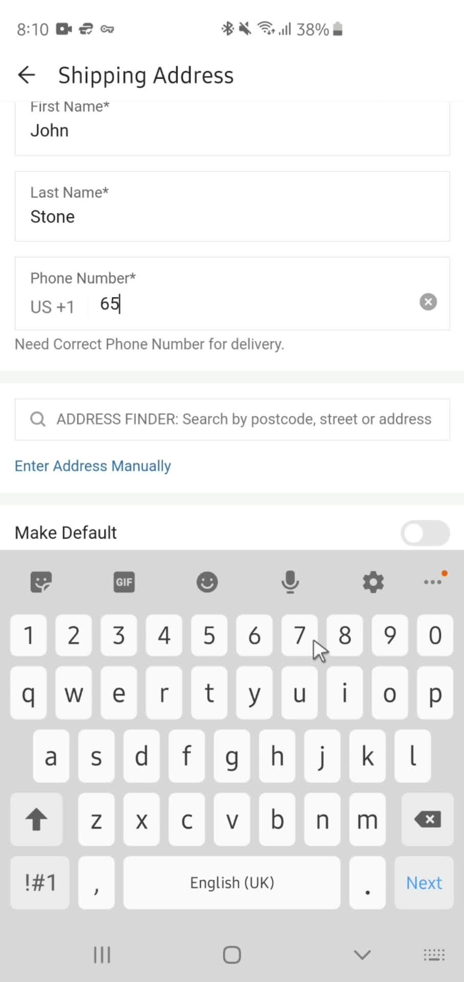 Adding shipping address screenshot