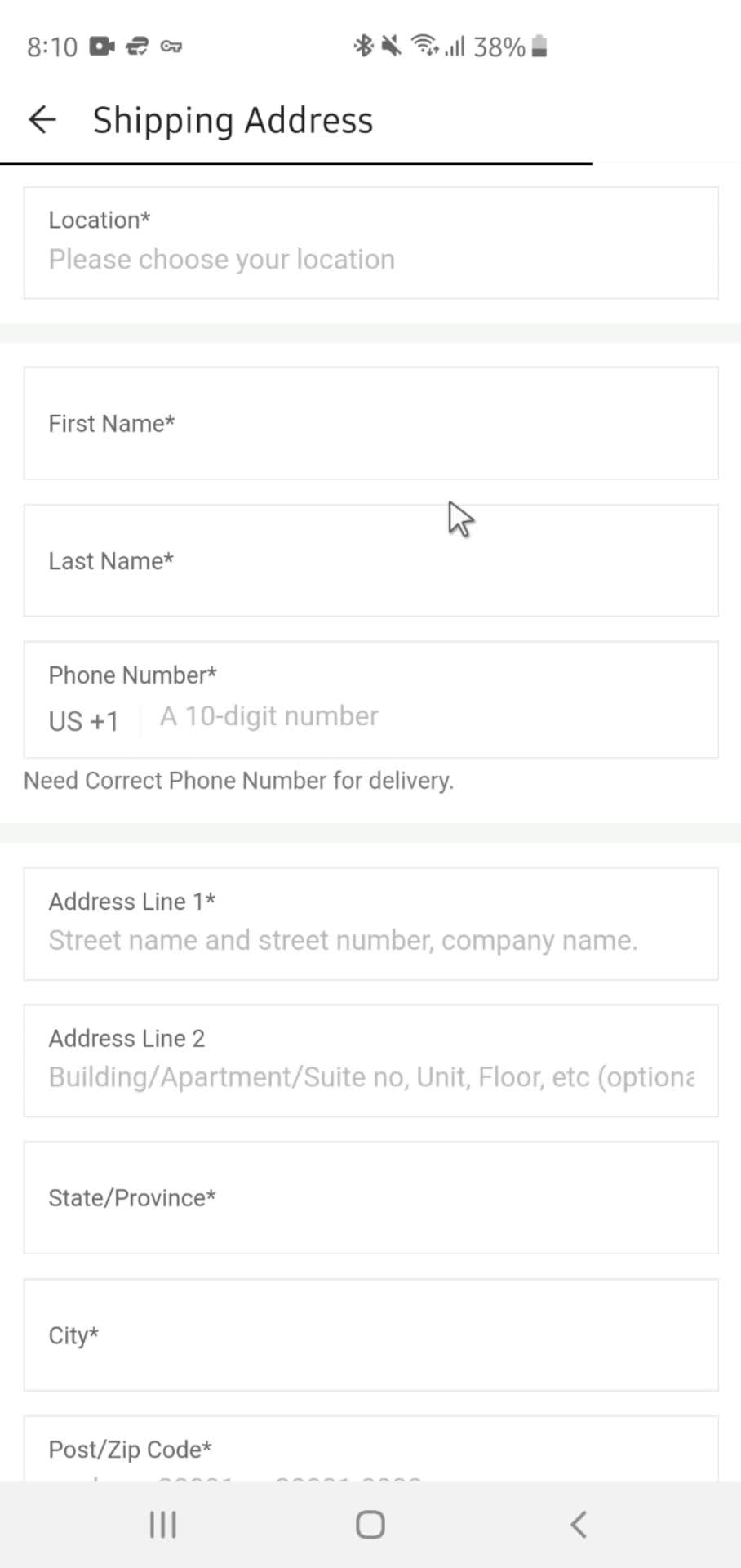 Adding shipping address screenshot