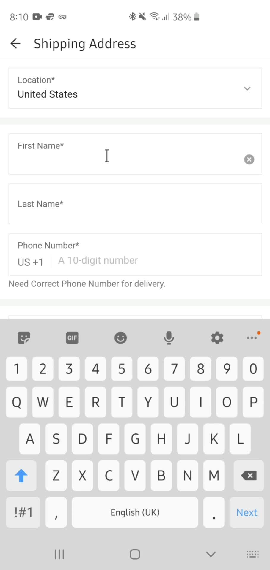 Adding shipping address screenshot