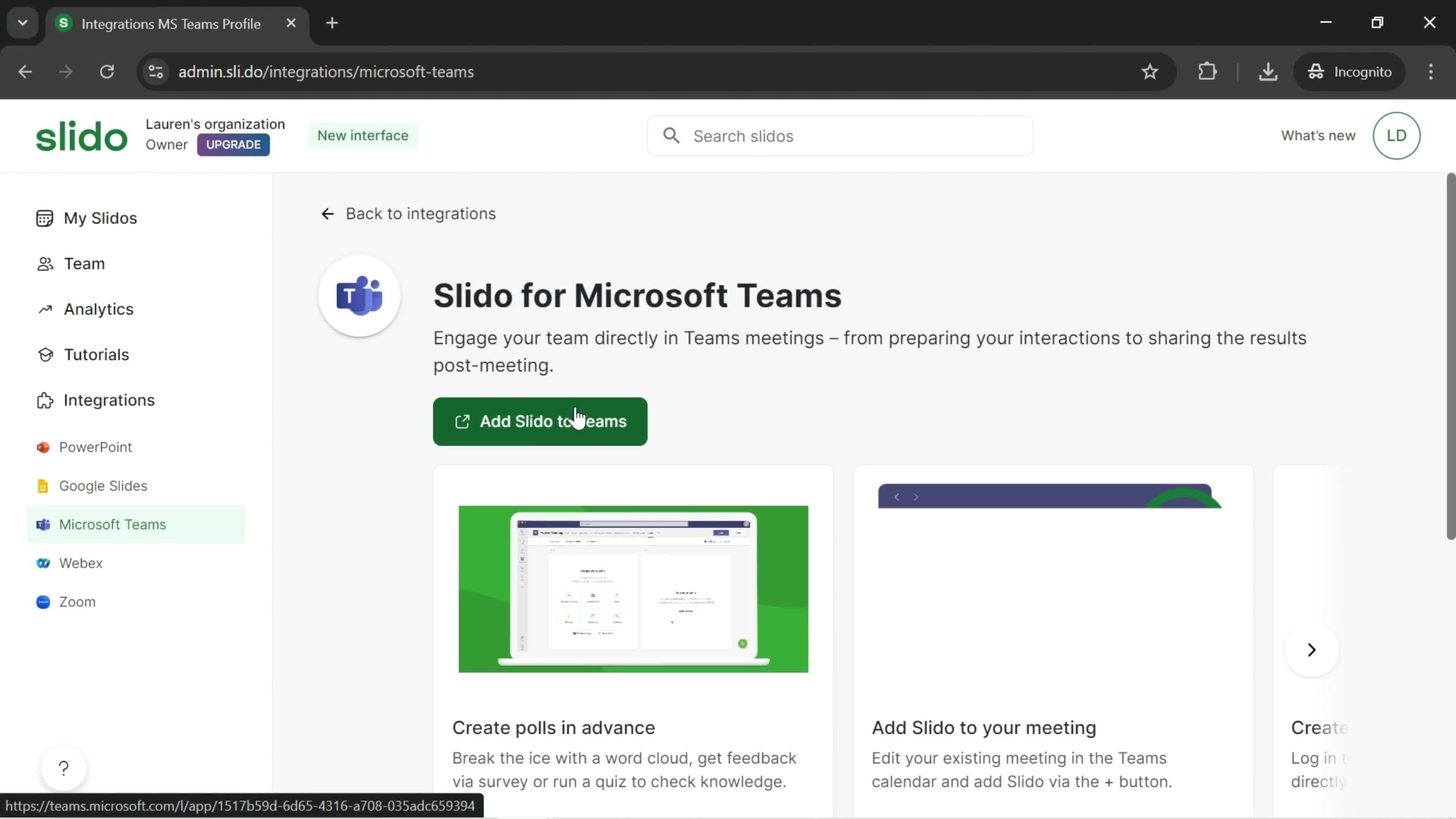 Adding slido to Teams screenshot