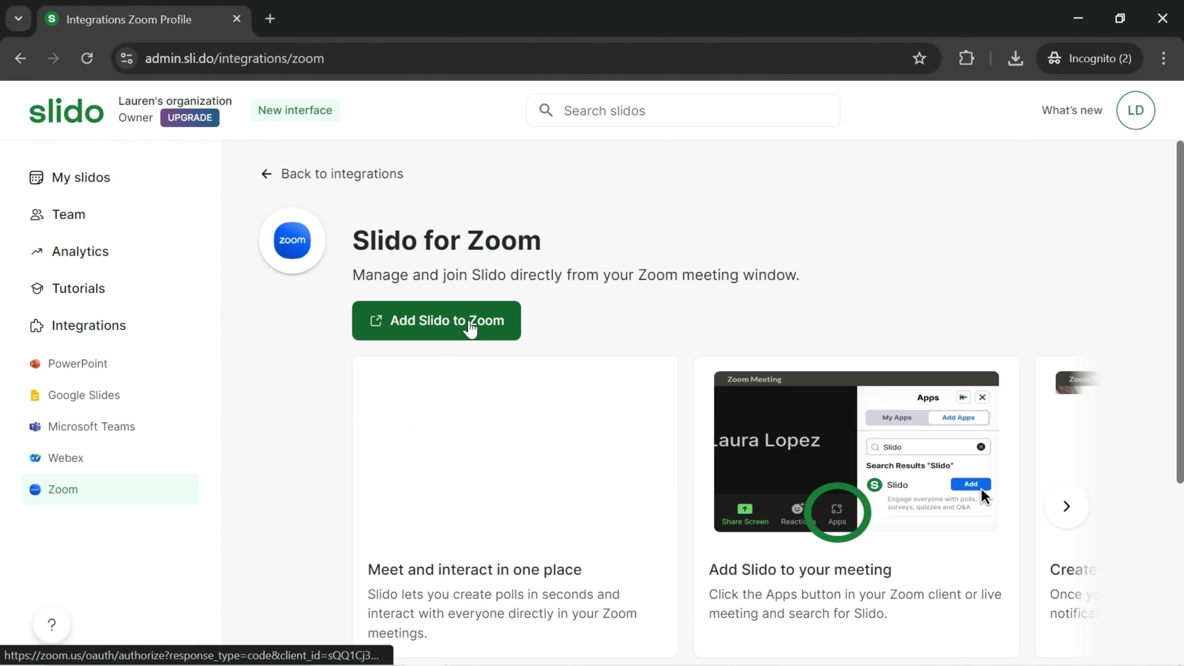 Adding Slido on Zoom screenshot