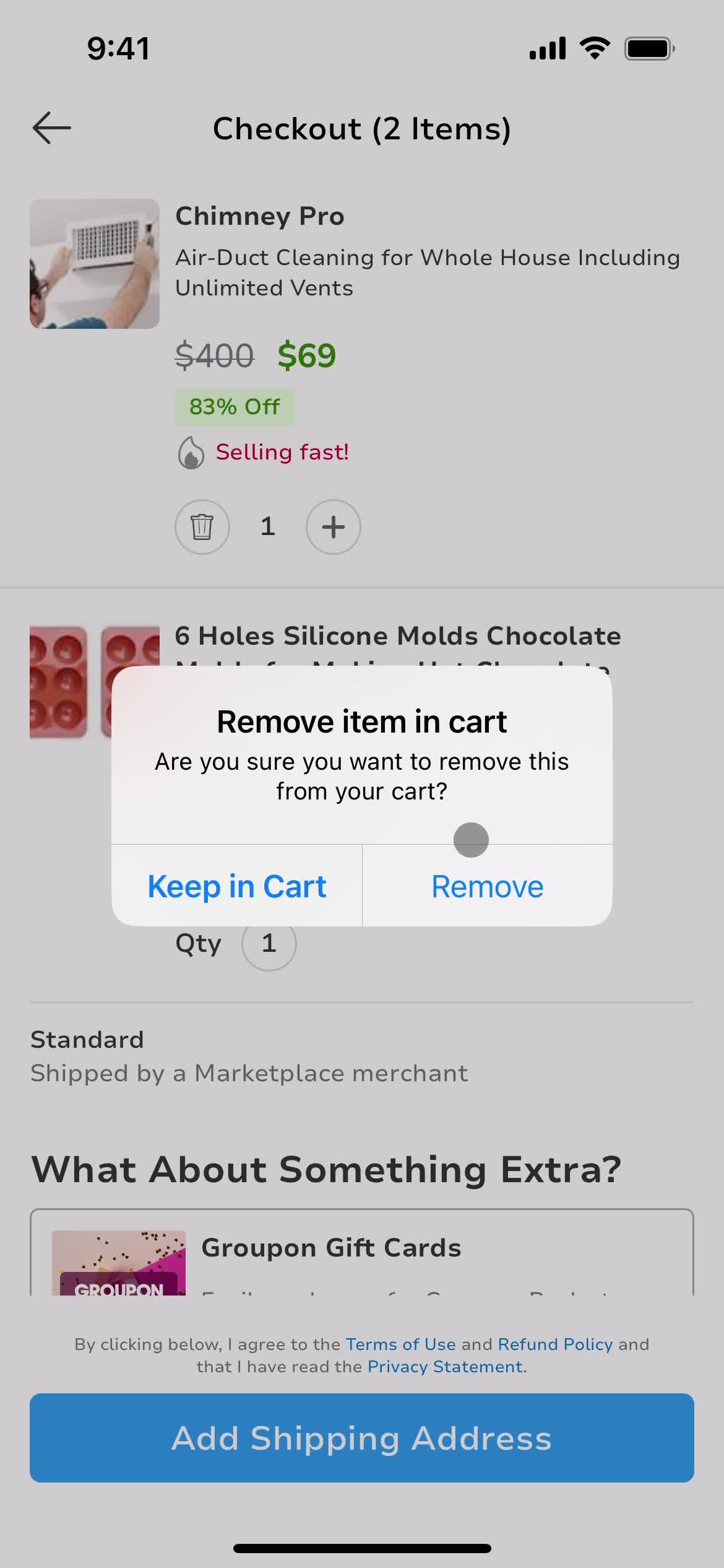 Adding to cart screenshot