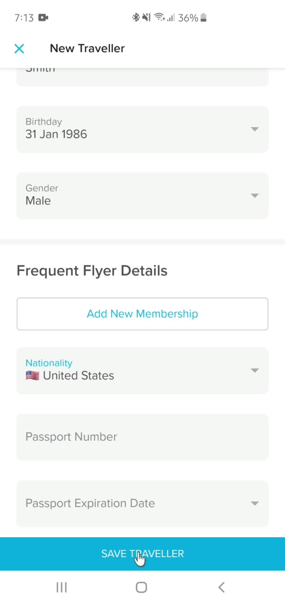 Adding traveler's details screenshot