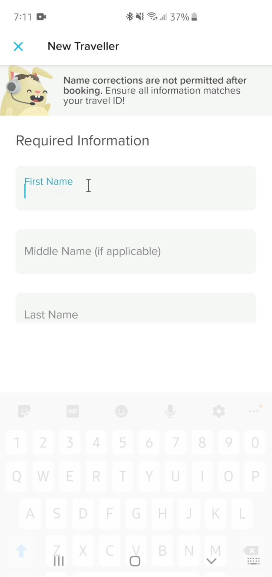 Adding traveler's details screenshot