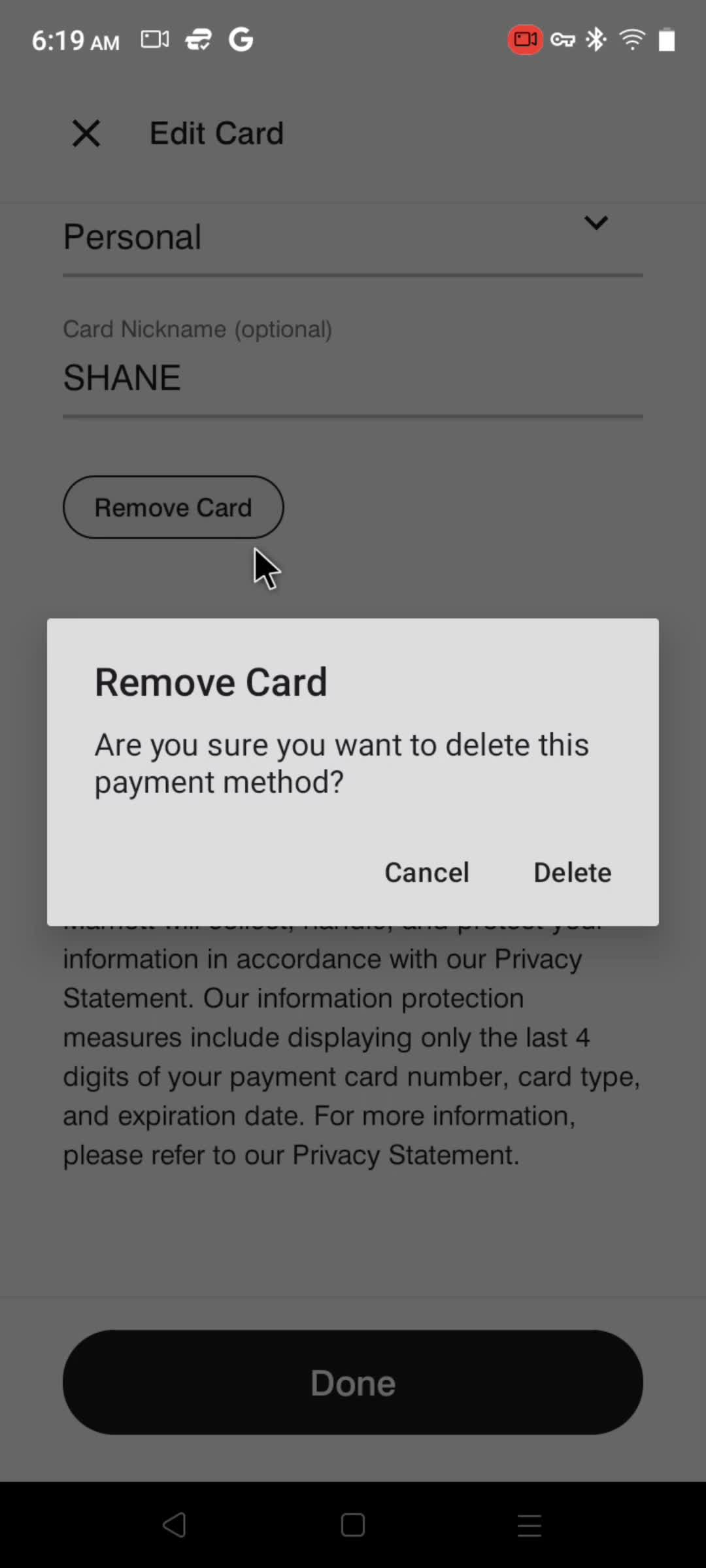 Adding payment details screenshot