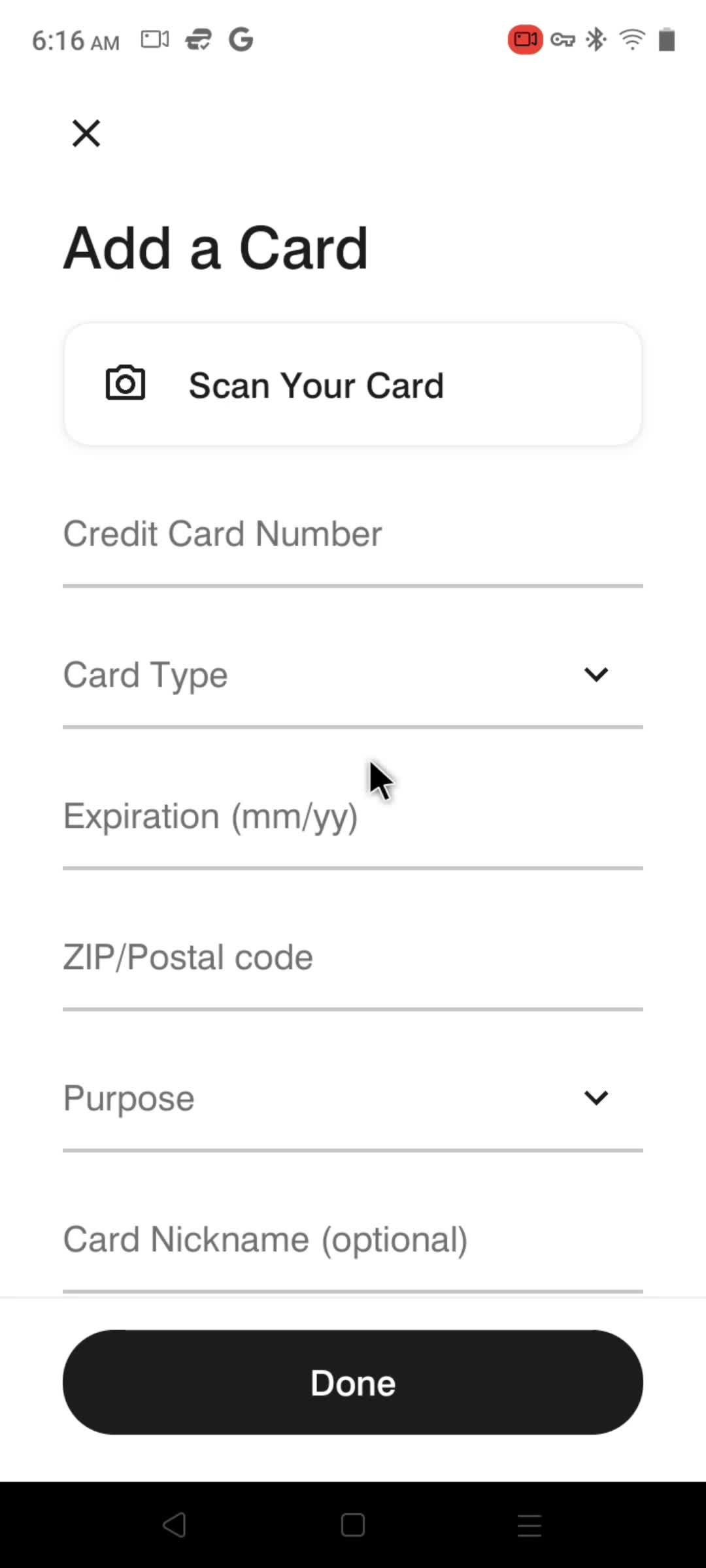 Adding payment details screenshot