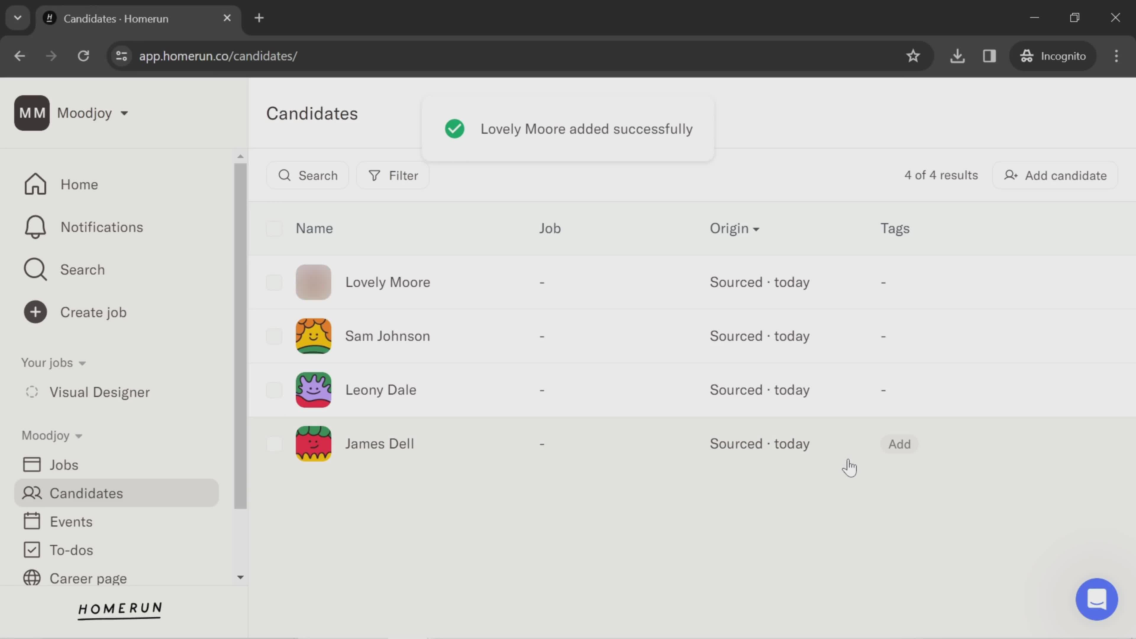 Adding a candidate screenshot