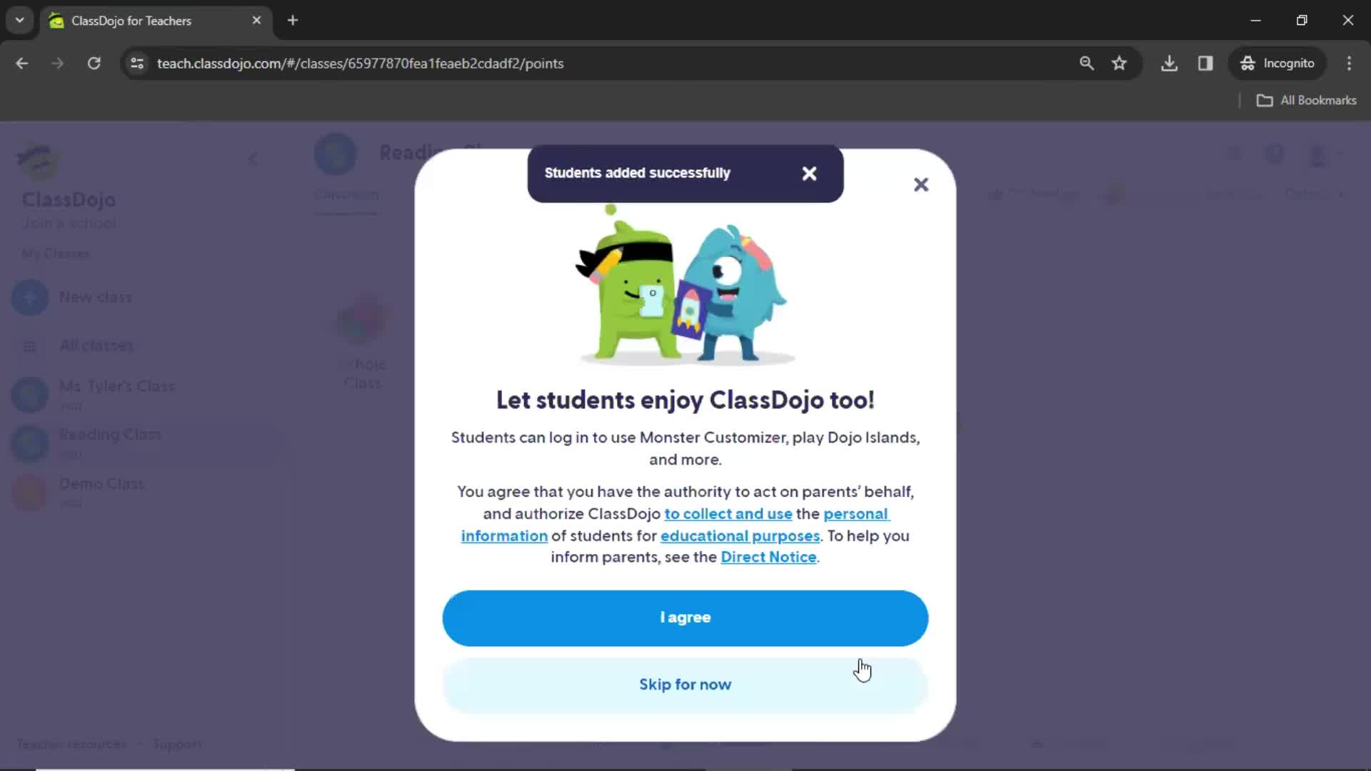 Adding a new class on ClassDojo video thumbnail