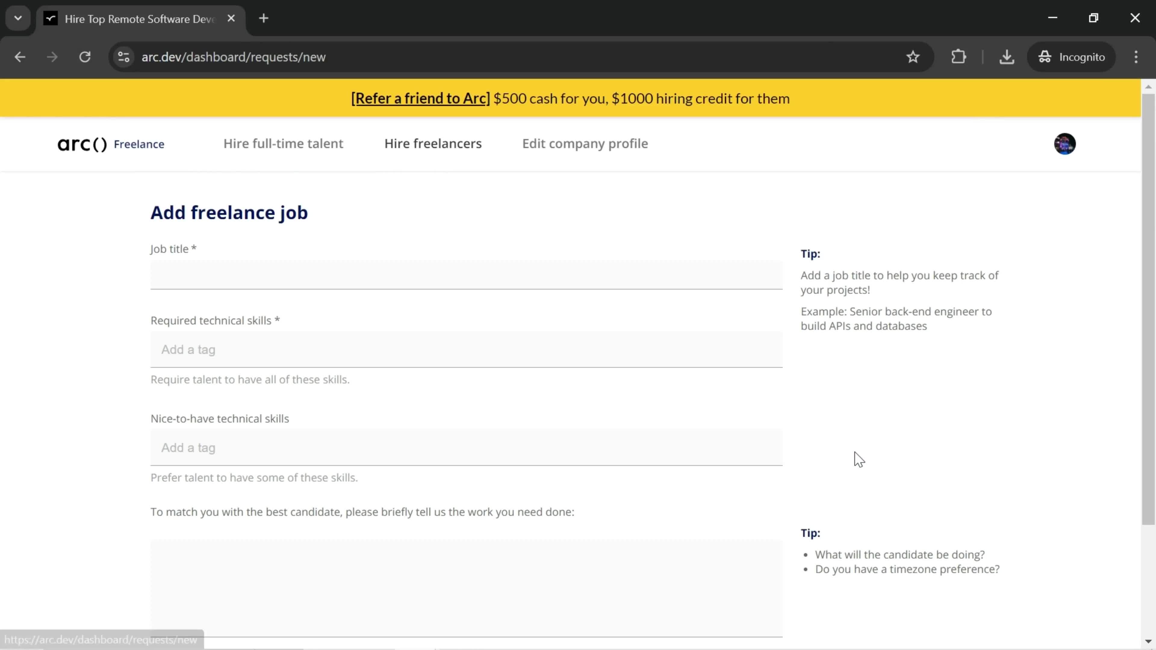 Adding a new job screenshot