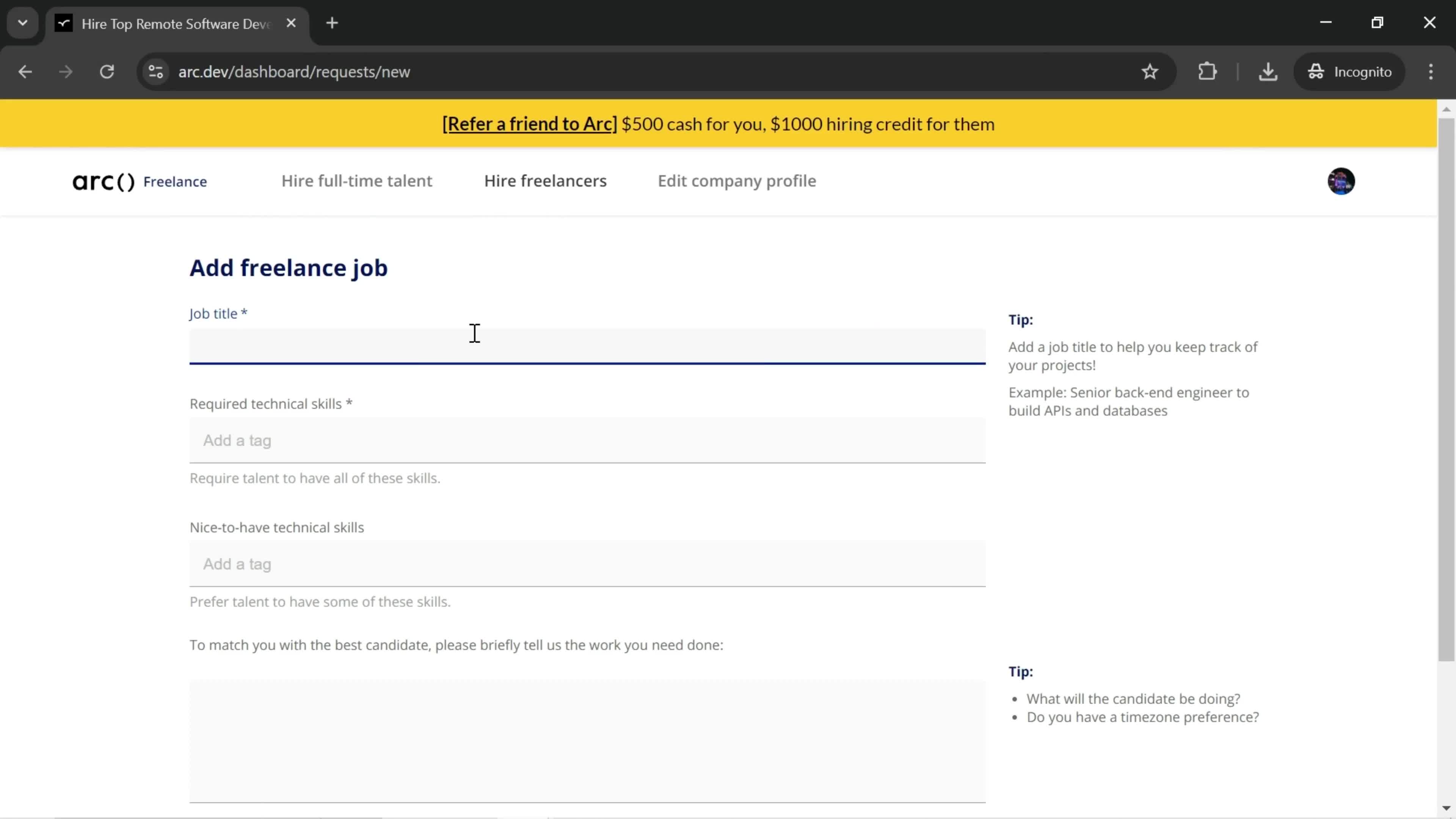 Adding a new job screenshot